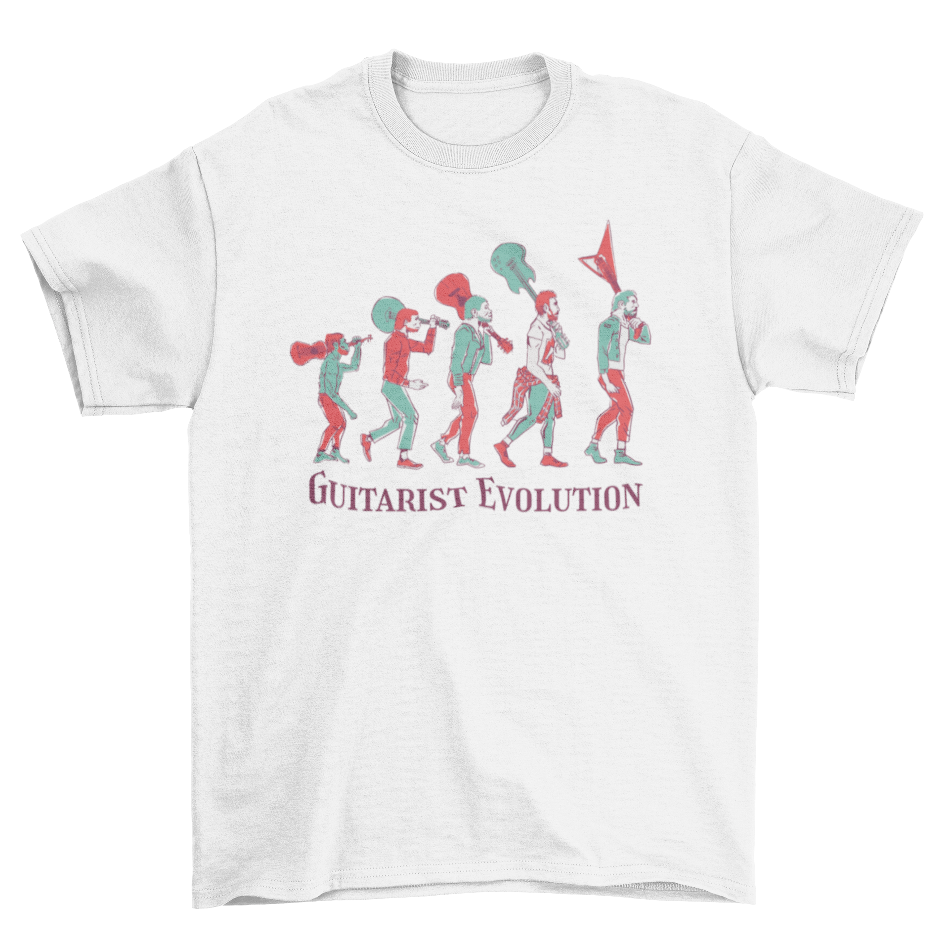 Guitarist Evolution T-Shirt featuring figures of evolution with guitars in a stylish design.