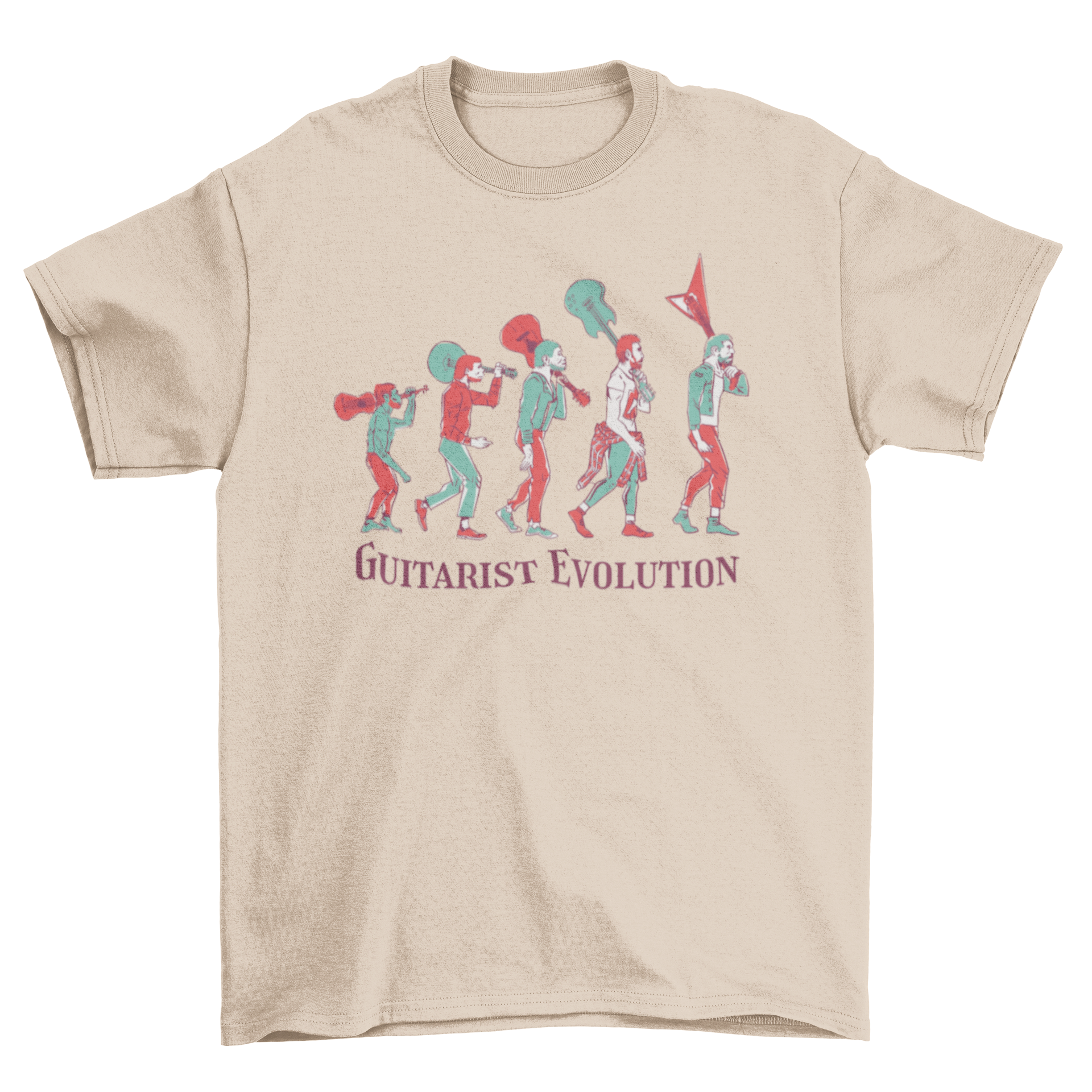 Guitarist Evolution T-Shirt featuring figures of evolution with guitars in a stylish design.