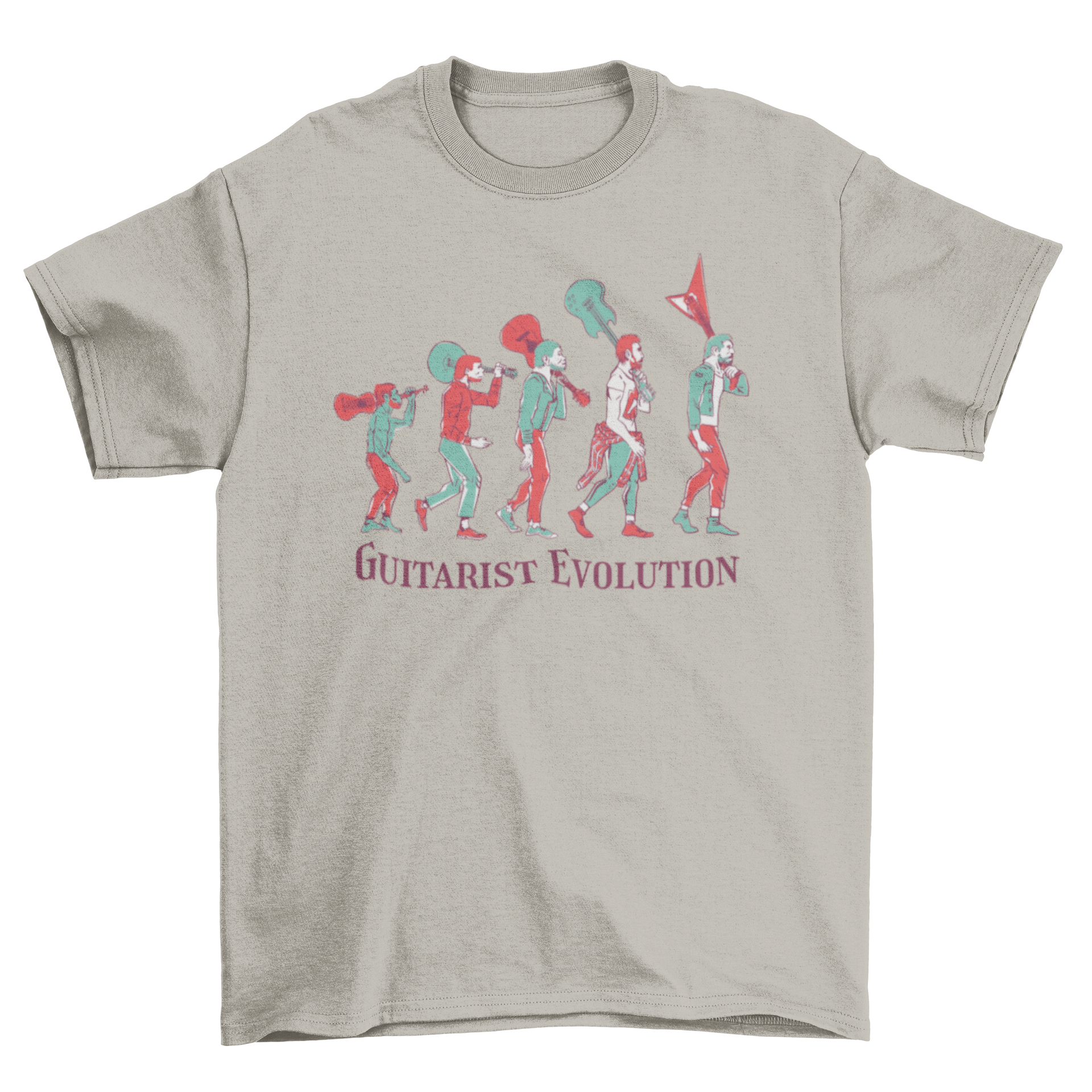 Guitarist Evolution T-Shirt featuring figures of evolution with guitars in a stylish design.