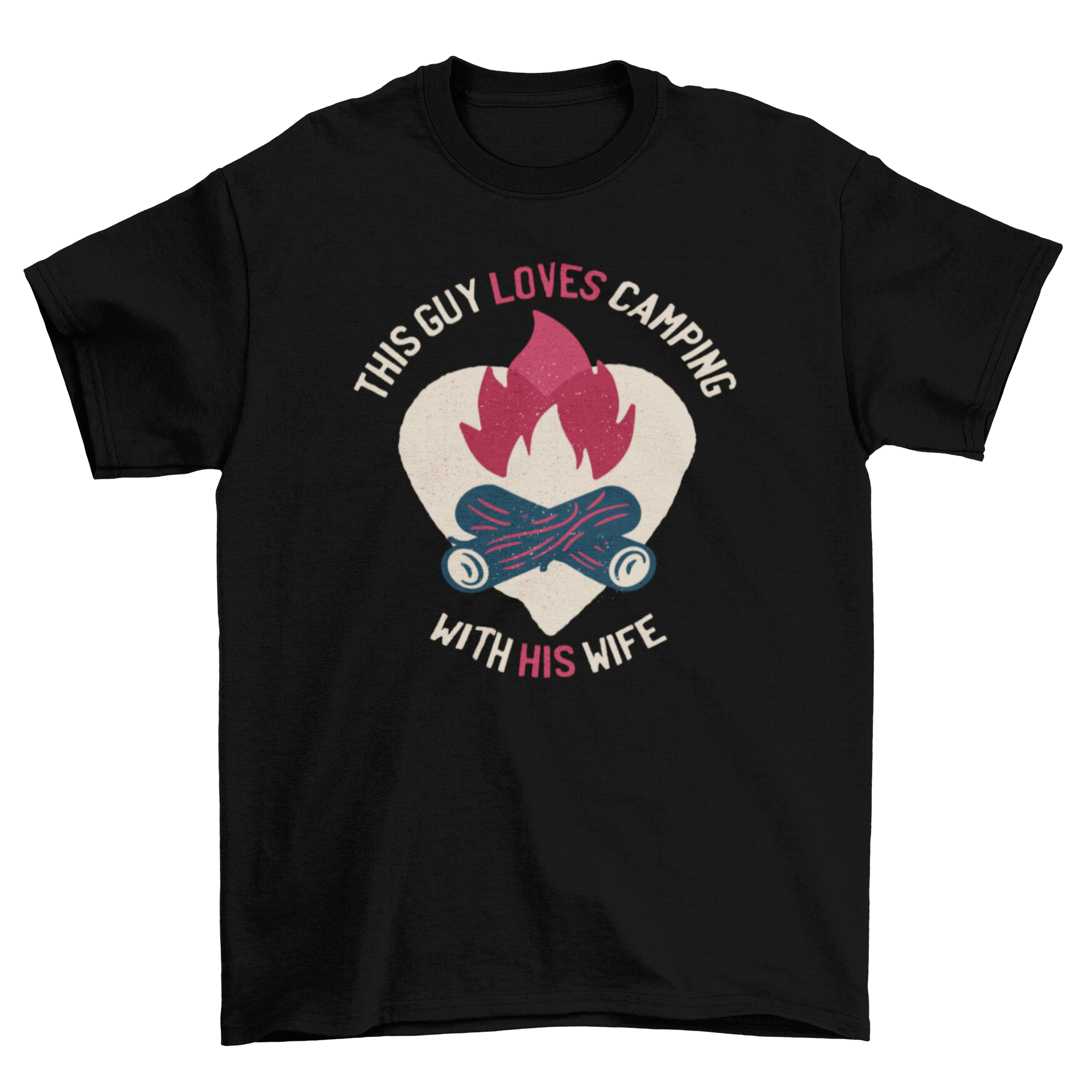 A stylish t-shirt featuring a campfire design and a heart, with the caption 'This guy loves camping with his wife'.