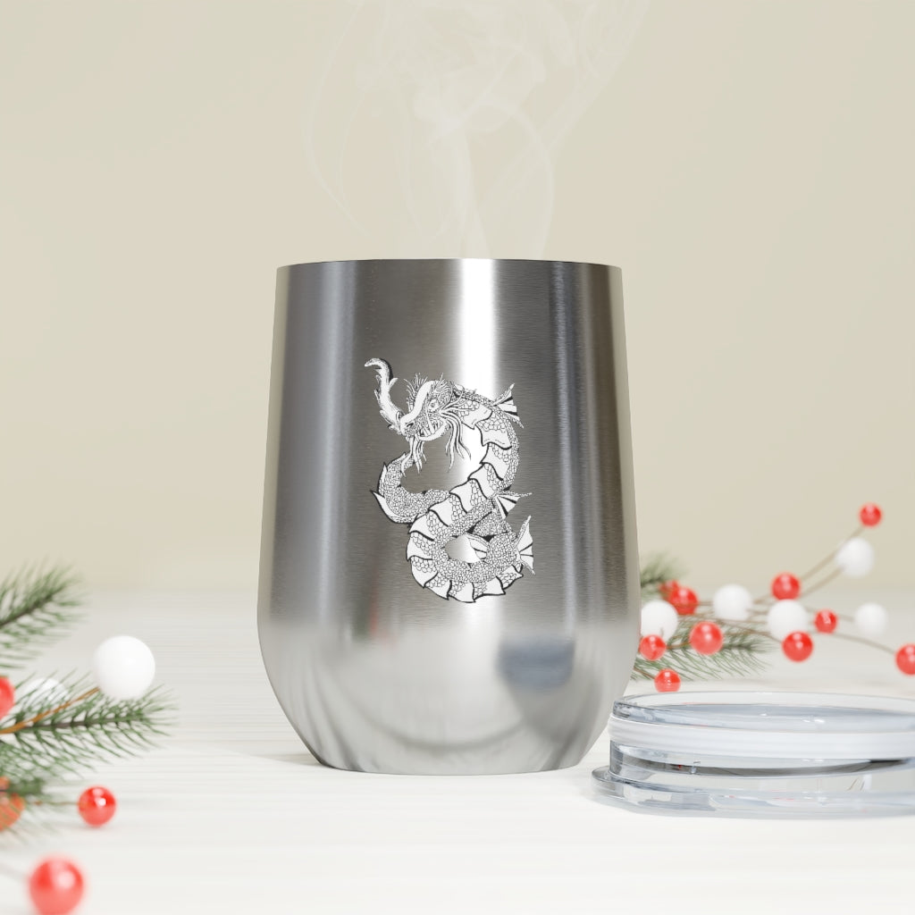 Gydraxis 12oz Insulated Wine Tumbler with clear lid, showcasing its sleek stainless steel design and double-wall insulation.