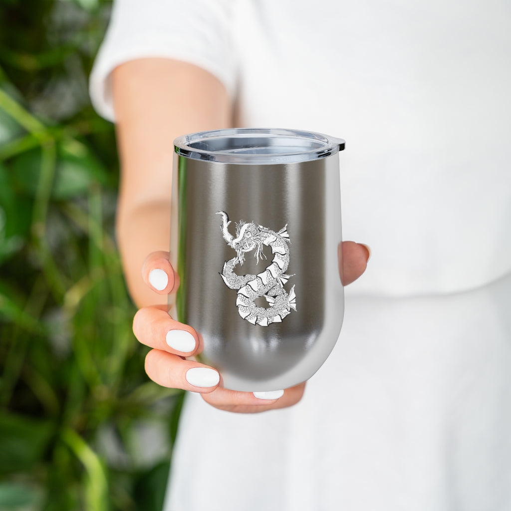 Gydraxis 12oz Insulated Wine Tumbler with clear lid, showcasing its sleek stainless steel design and double-wall insulation.