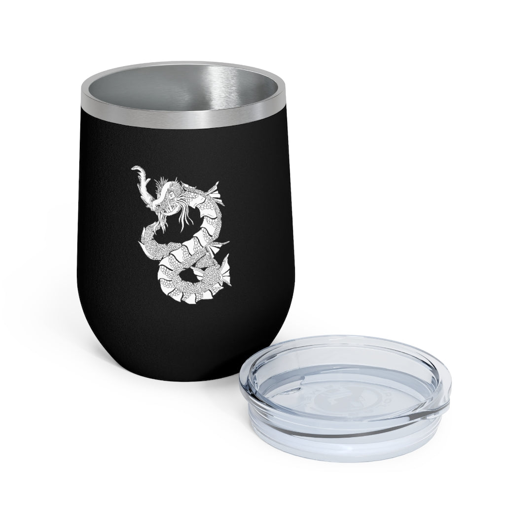 Gydraxis 12oz Insulated Wine Tumbler with clear lid, showcasing its sleek stainless steel design and double-wall insulation.