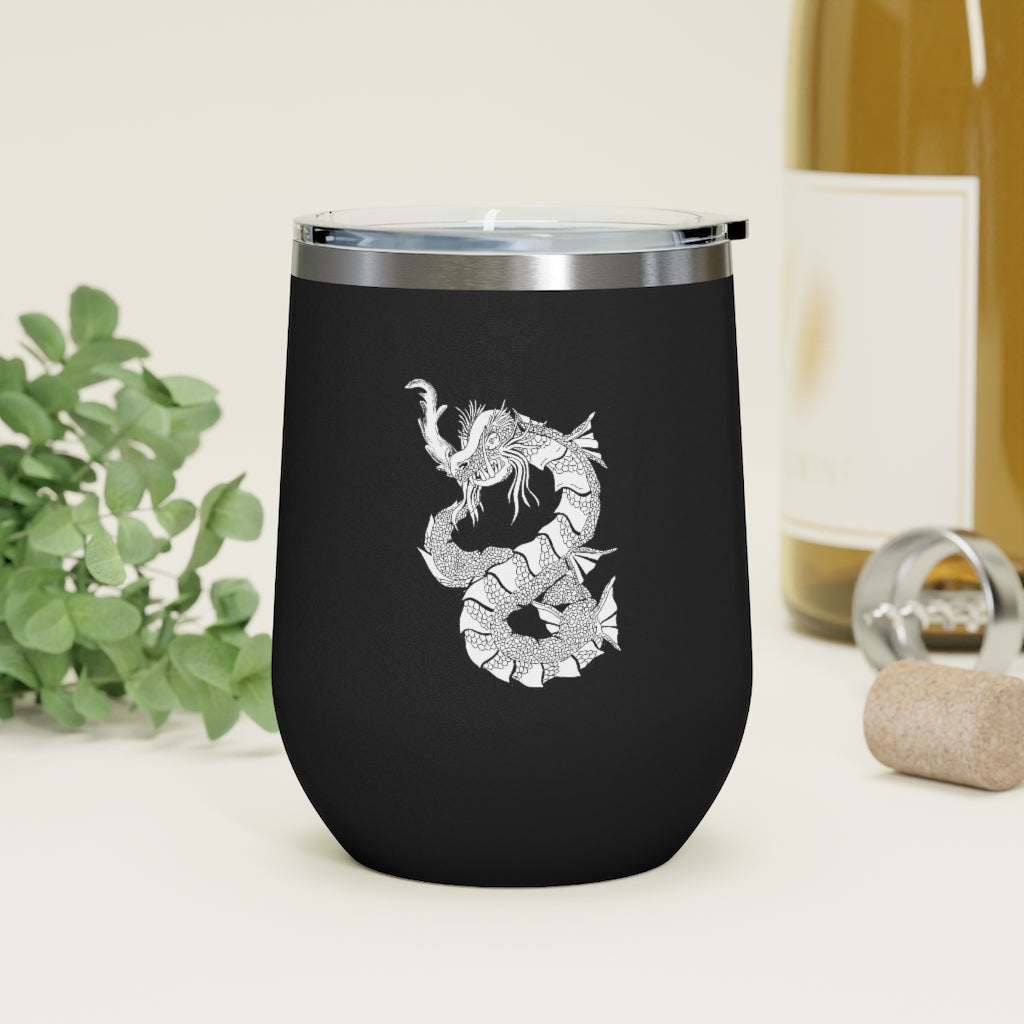 Gydraxis 12oz Insulated Wine Tumbler with clear lid, showcasing its sleek stainless steel design and double-wall insulation.