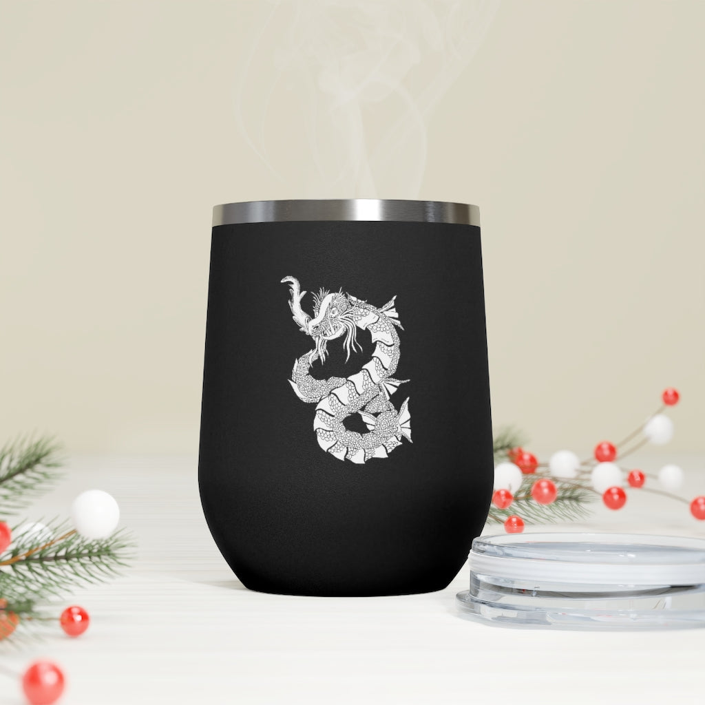 Gydraxis 12oz Insulated Wine Tumbler with clear lid, showcasing its sleek stainless steel design and double-wall insulation.