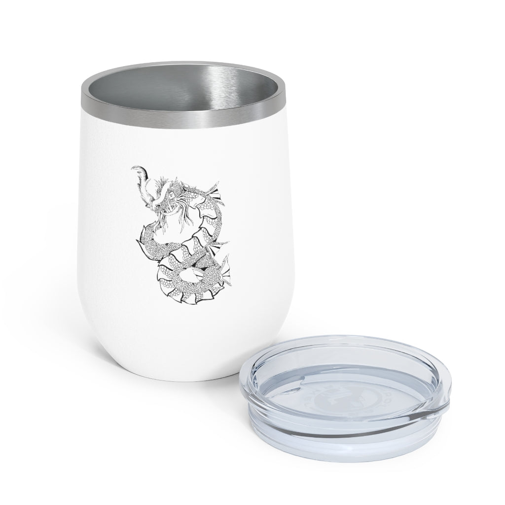 Gydraxis 12oz Insulated Wine Tumbler with clear lid, showcasing its sleek stainless steel design and double-wall insulation.