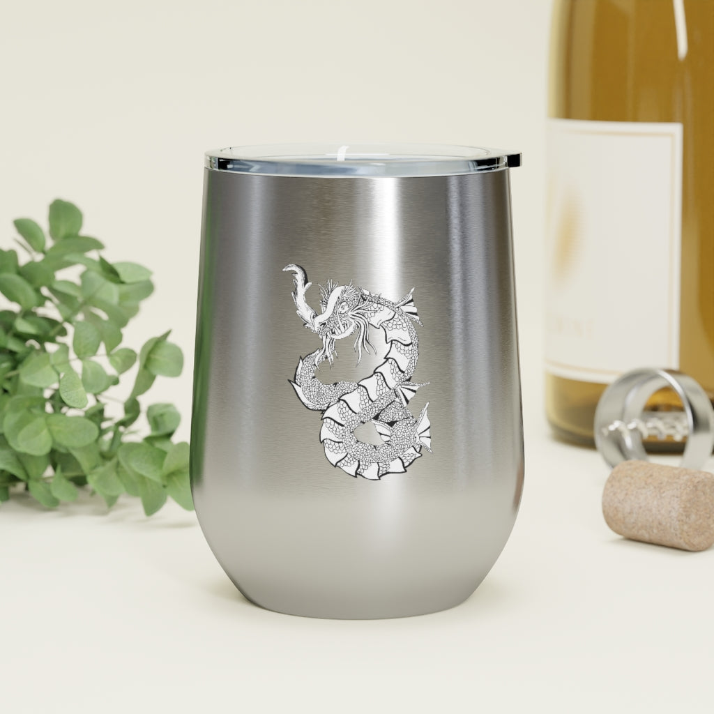 Gydraxis 12oz Insulated Wine Tumbler with clear lid, showcasing its sleek stainless steel design and double-wall insulation.