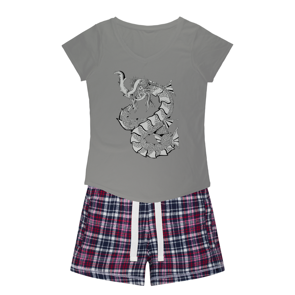 Gydraxis Women's Sleepy Tee and Flannel Short set featuring a relaxed fit T-shirt and colorful flannel shorts, perfect for cozy nights.