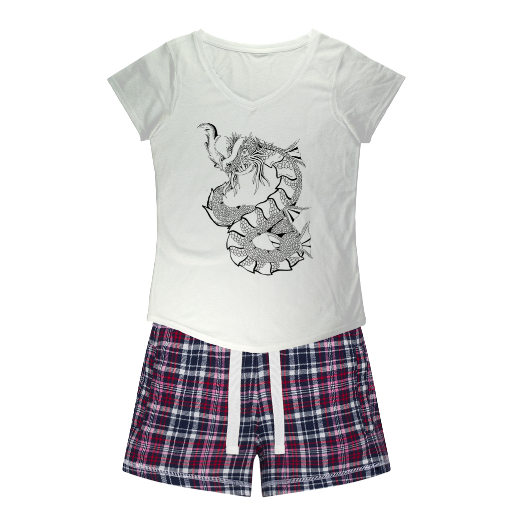 Gydraxis Women's Sleepy Tee and Flannel Short set featuring a relaxed fit T-shirt and colorful flannel shorts, perfect for cozy nights.