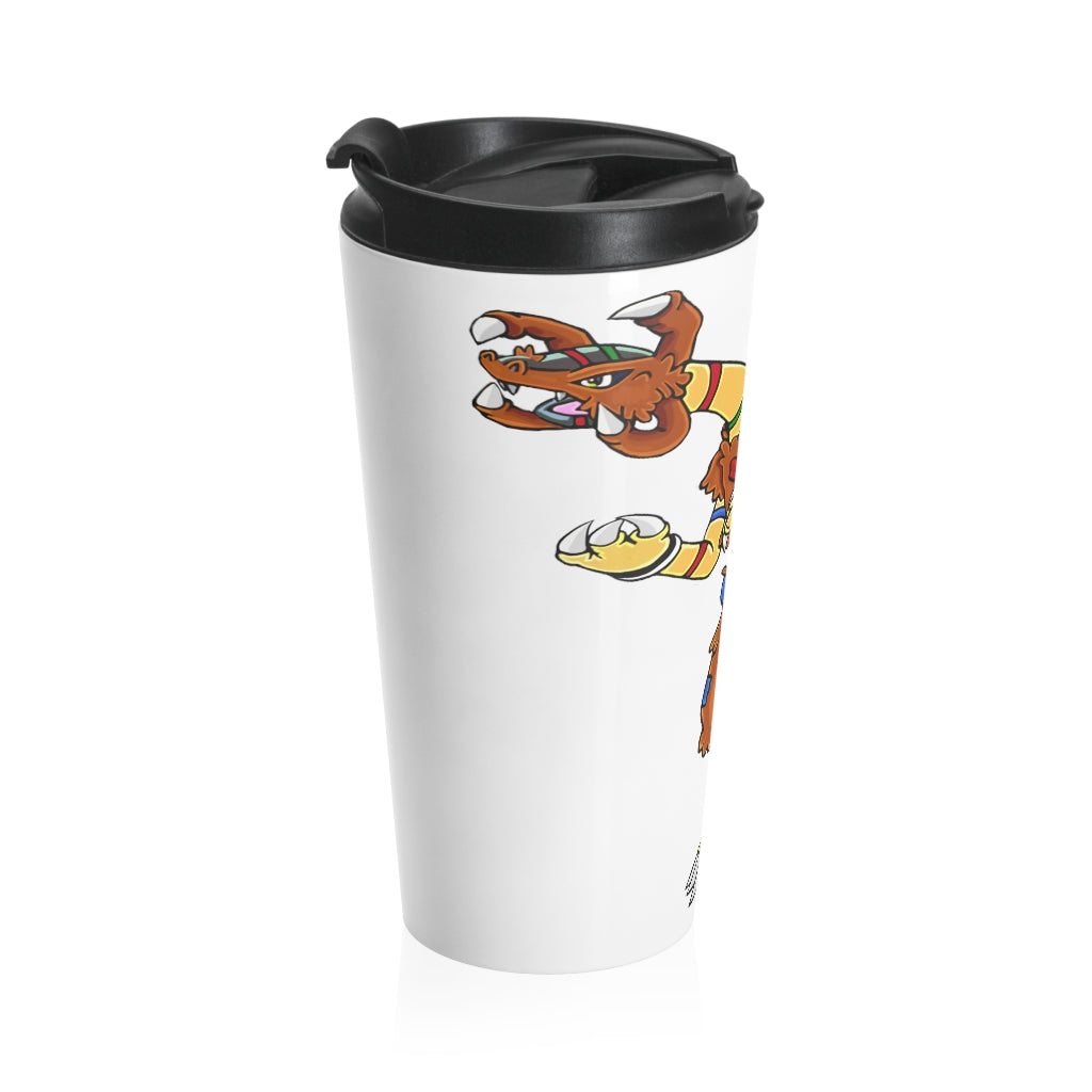 Gydro Stainless Steel Travel Mug with black plastic lid, showcasing its sleek design and sublimation printing.