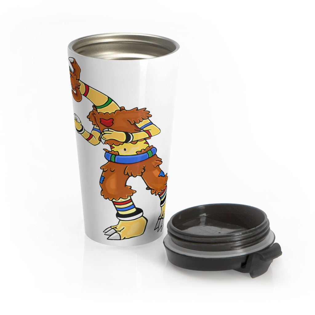 Gydro Stainless Steel Travel Mug with black plastic lid, showcasing its sleek design and sublimation printing.