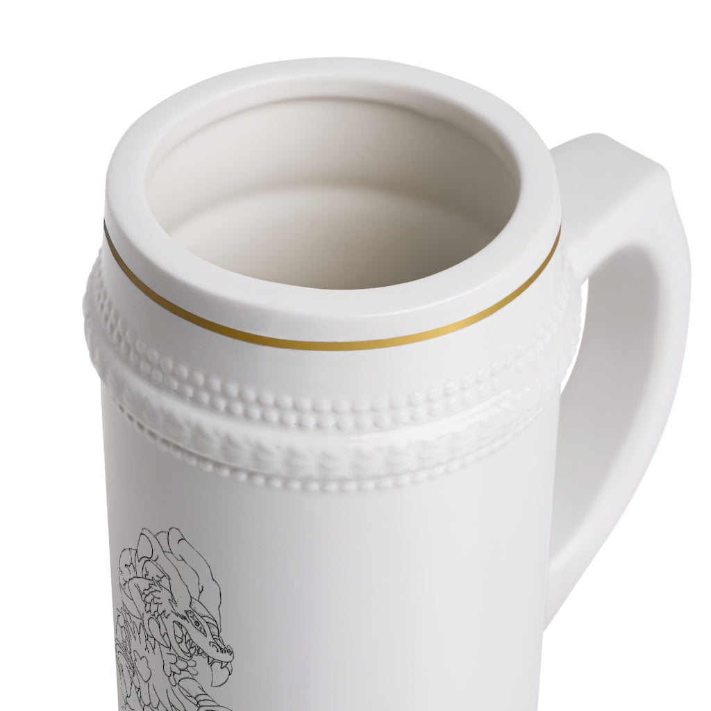 Gydro Stein Mug made of durable white ceramic with ribbed outlines, showcasing a customizable design.