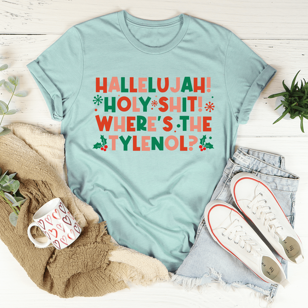 Hallelujah Christmas Tee featuring festive digital print on soft cotton fabric, perfect for holiday celebrations.