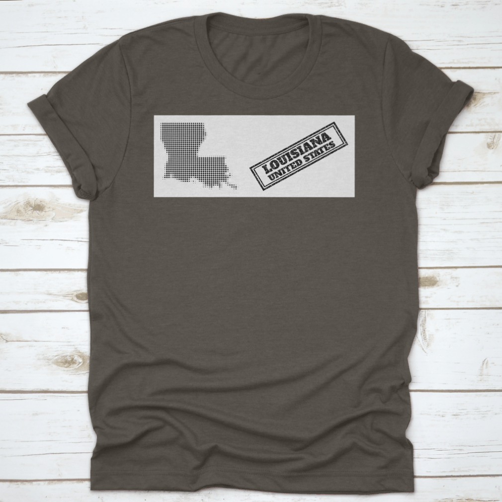 Halftone Map T-shirt featuring a small black circle and scratched seal design, made from 100% cotton for comfort.