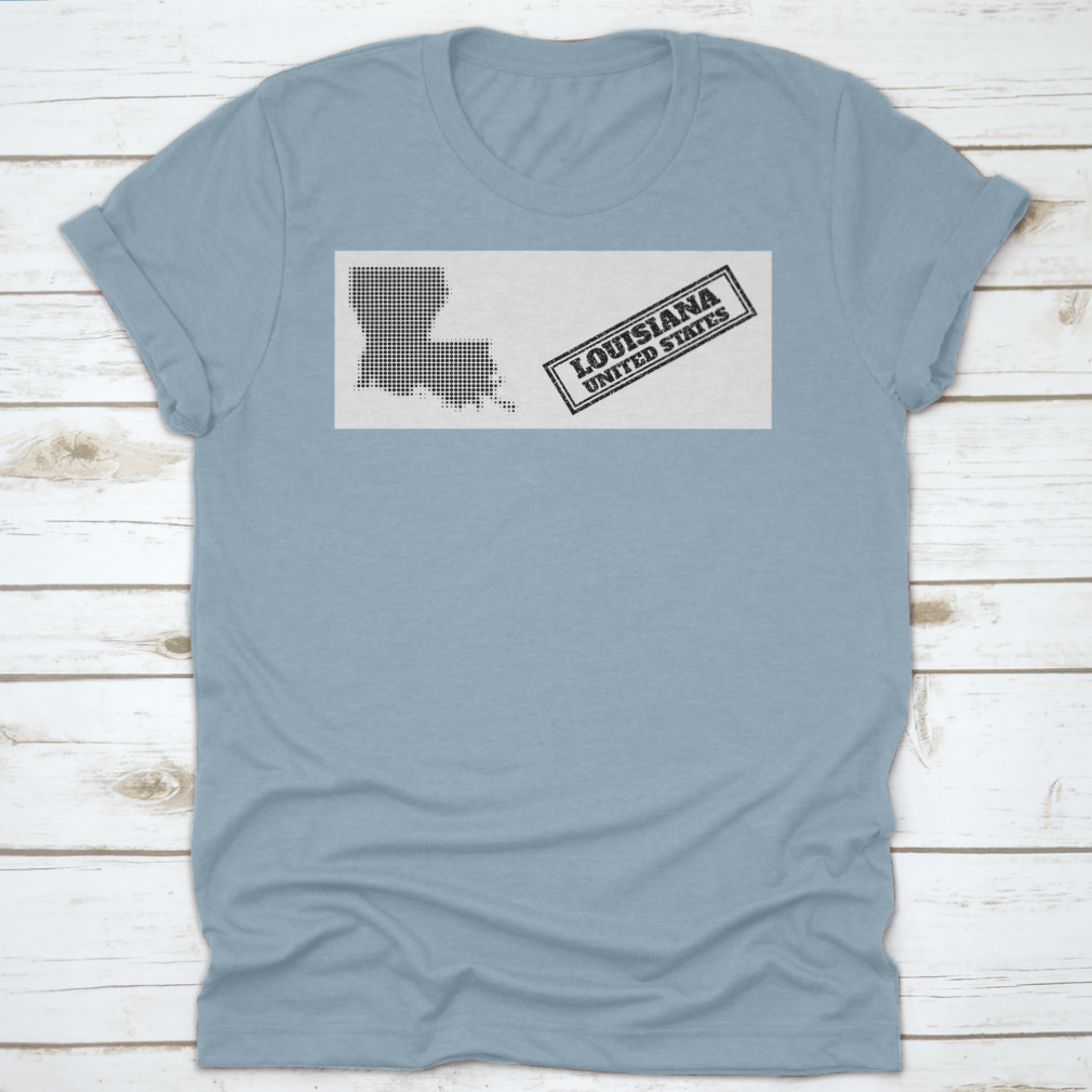 Halftone Map T-shirt featuring a small black circle and scratched seal design, made from 100% cotton for comfort.