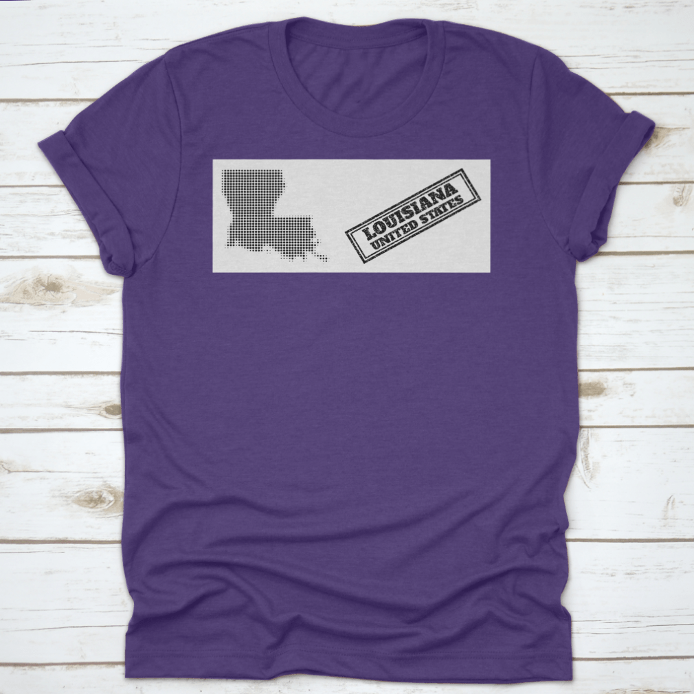 Halftone Map T-shirt featuring a small black circle and scratched seal design, made from 100% cotton for comfort.