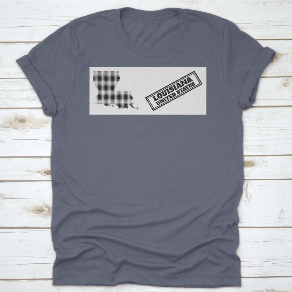 Halftone Map T-shirt featuring a small black circle and scratched seal design, made from 100% cotton for comfort.