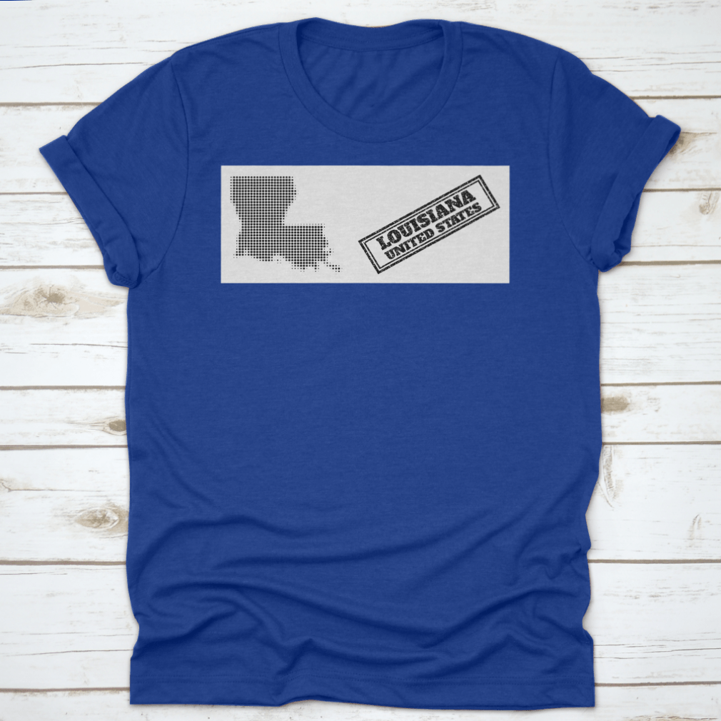 Halftone Map T-shirt featuring a small black circle and scratched seal design, made from 100% cotton for comfort.