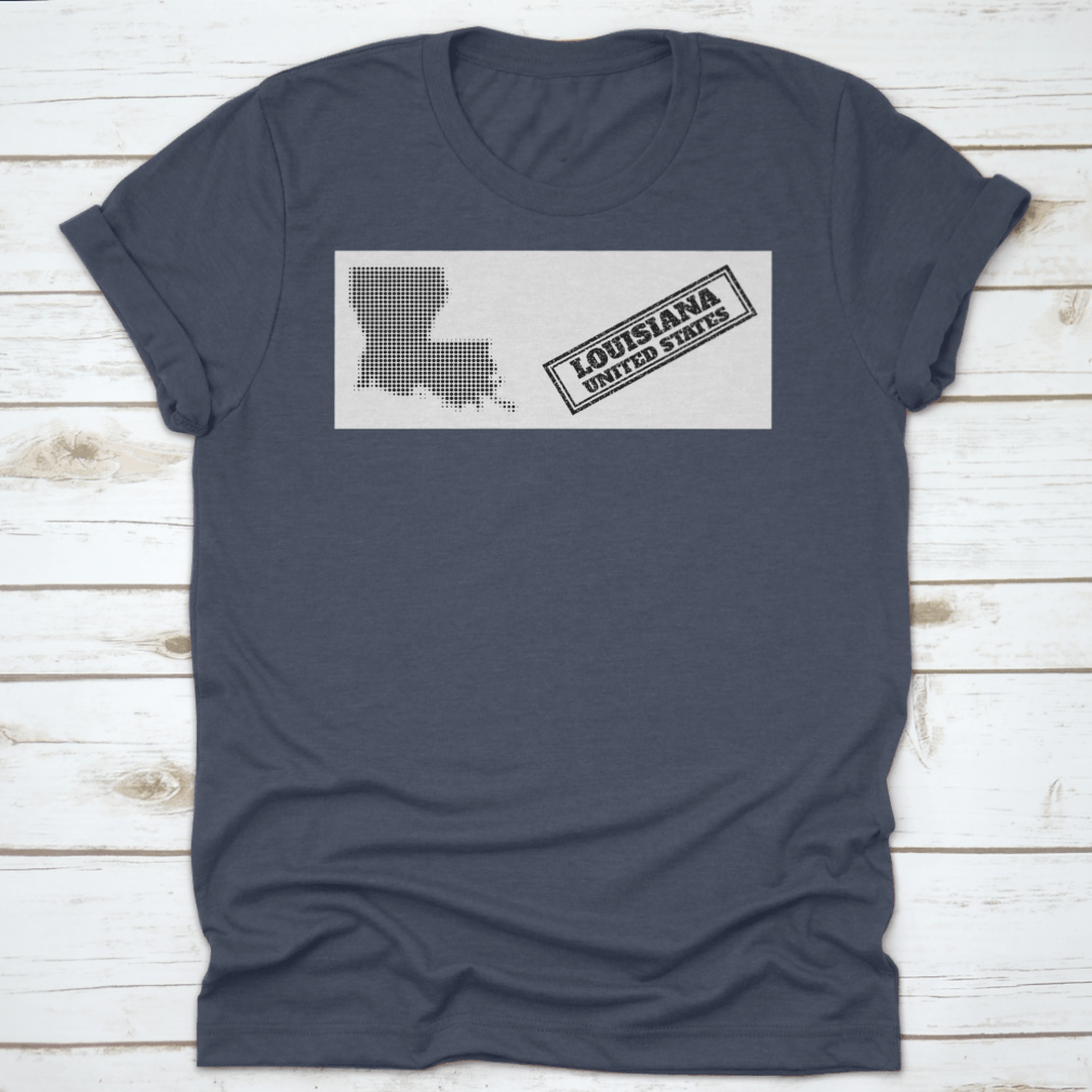 Halftone Map T-shirt featuring a small black circle and scratched seal design, made from 100% cotton for comfort.