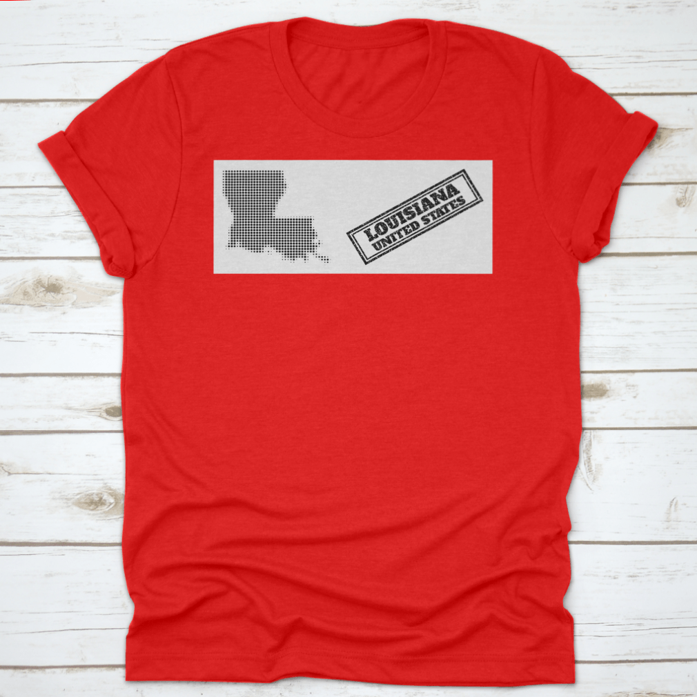 Halftone Map T-shirt featuring a small black circle and scratched seal design, made from 100% cotton for comfort.