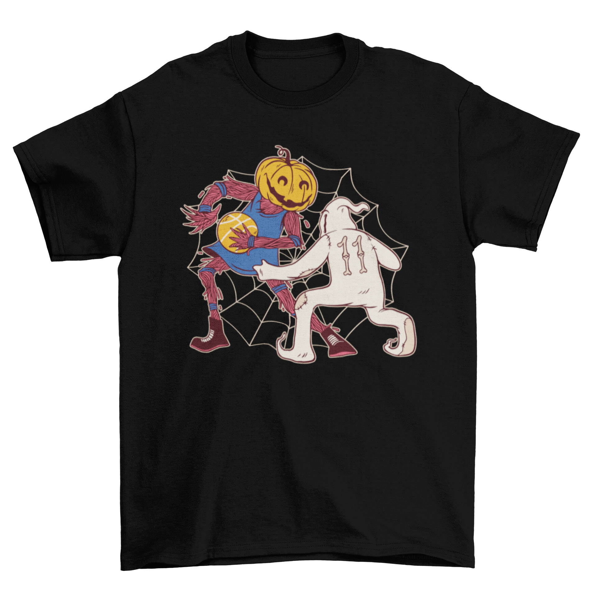 Halloween basketball t-shirt featuring a pumpkin and ghost playing basketball, vibrant colors and playful design.