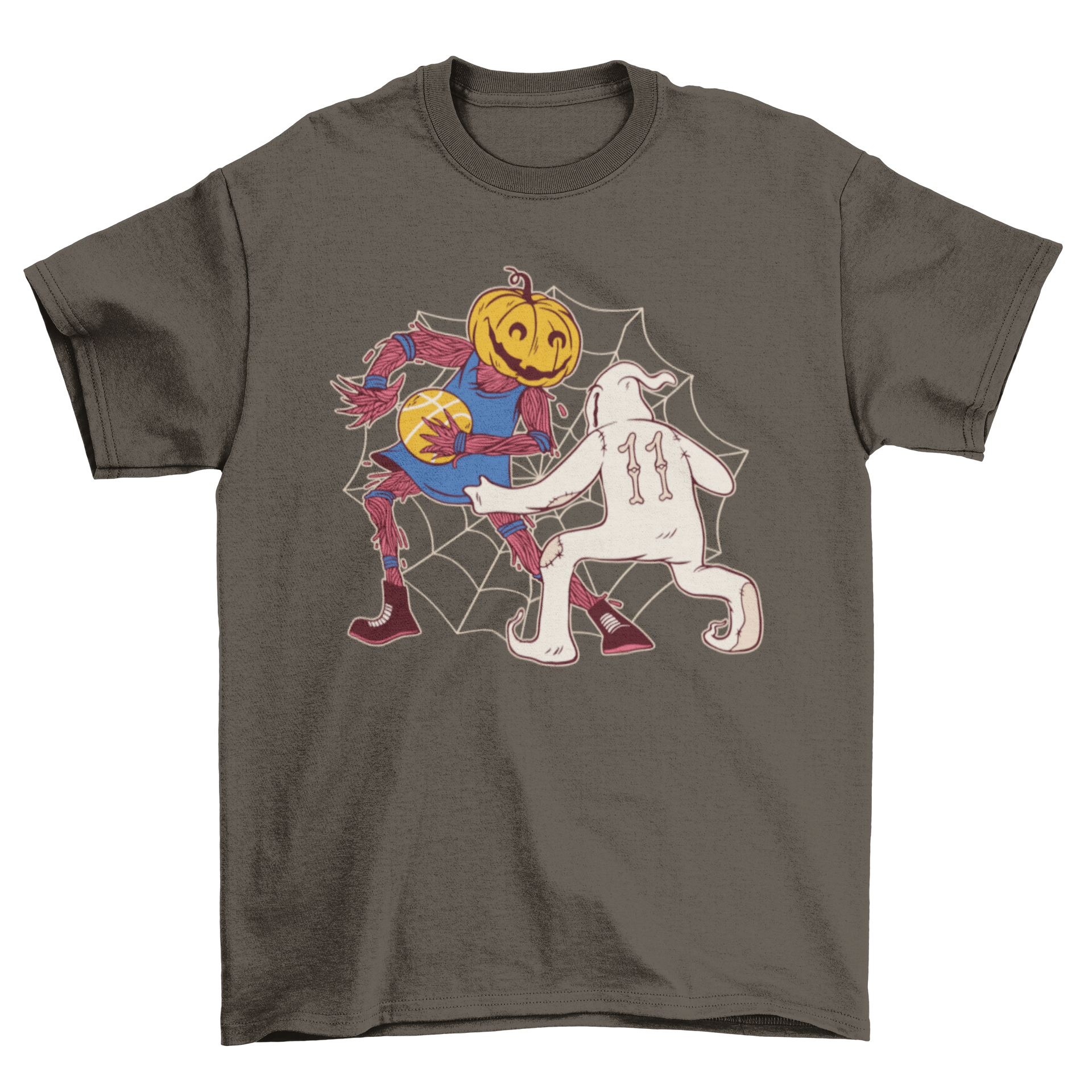 Halloween basketball t-shirt featuring a pumpkin and ghost playing basketball, vibrant colors and playful design.