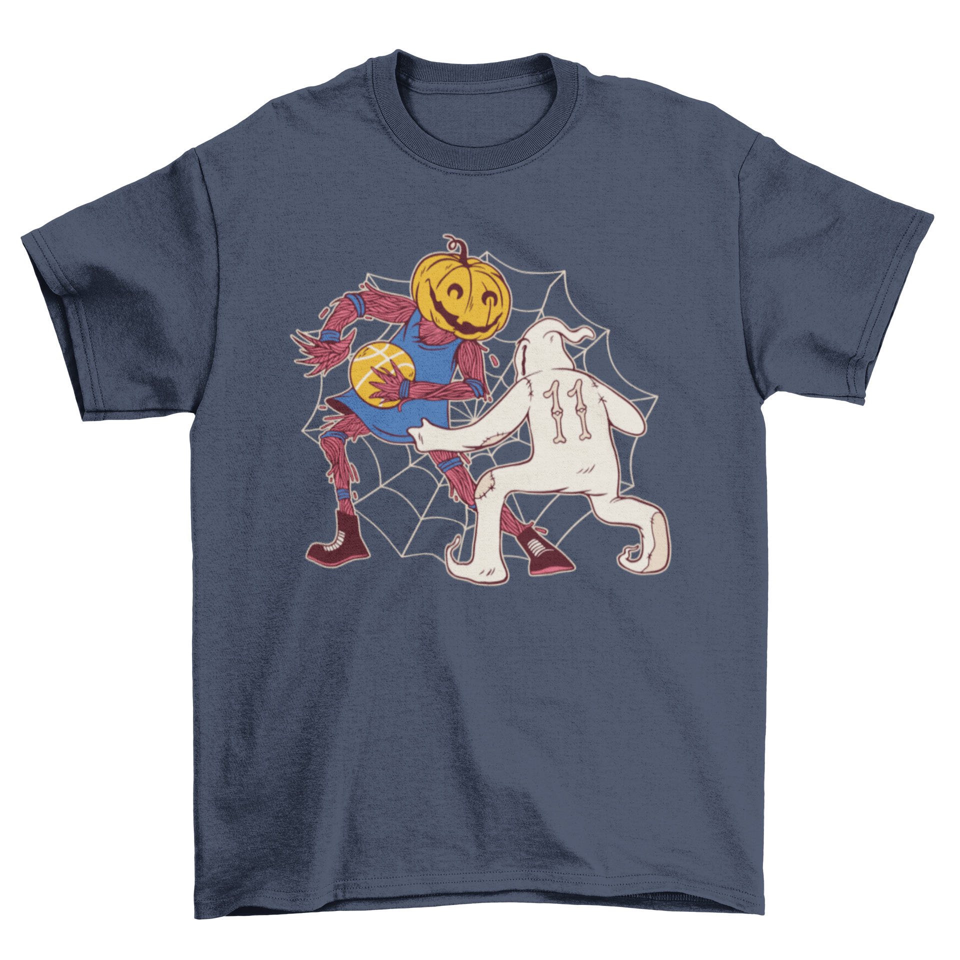 Halloween basketball t-shirt featuring a pumpkin and ghost playing basketball, vibrant colors and playful design.