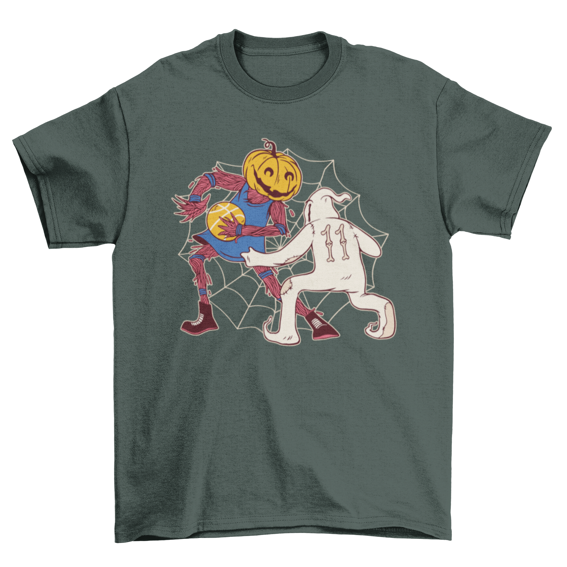 Halloween basketball t-shirt featuring a pumpkin and ghost playing basketball, vibrant colors and playful design.