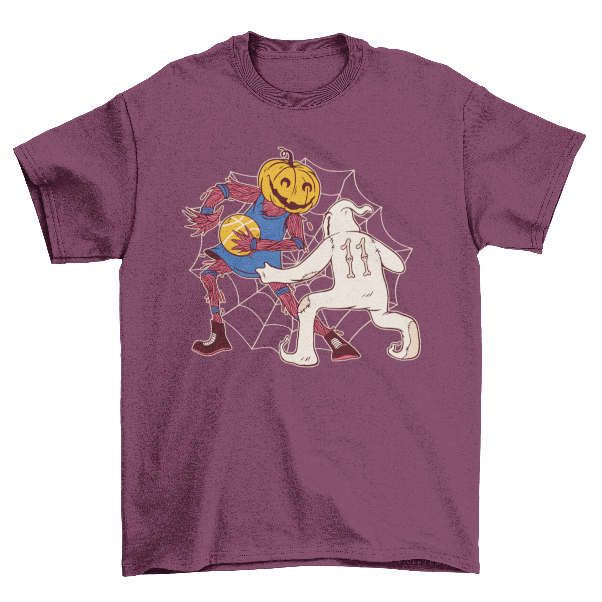 Halloween basketball t-shirt featuring a pumpkin and ghost playing basketball, vibrant colors and playful design.