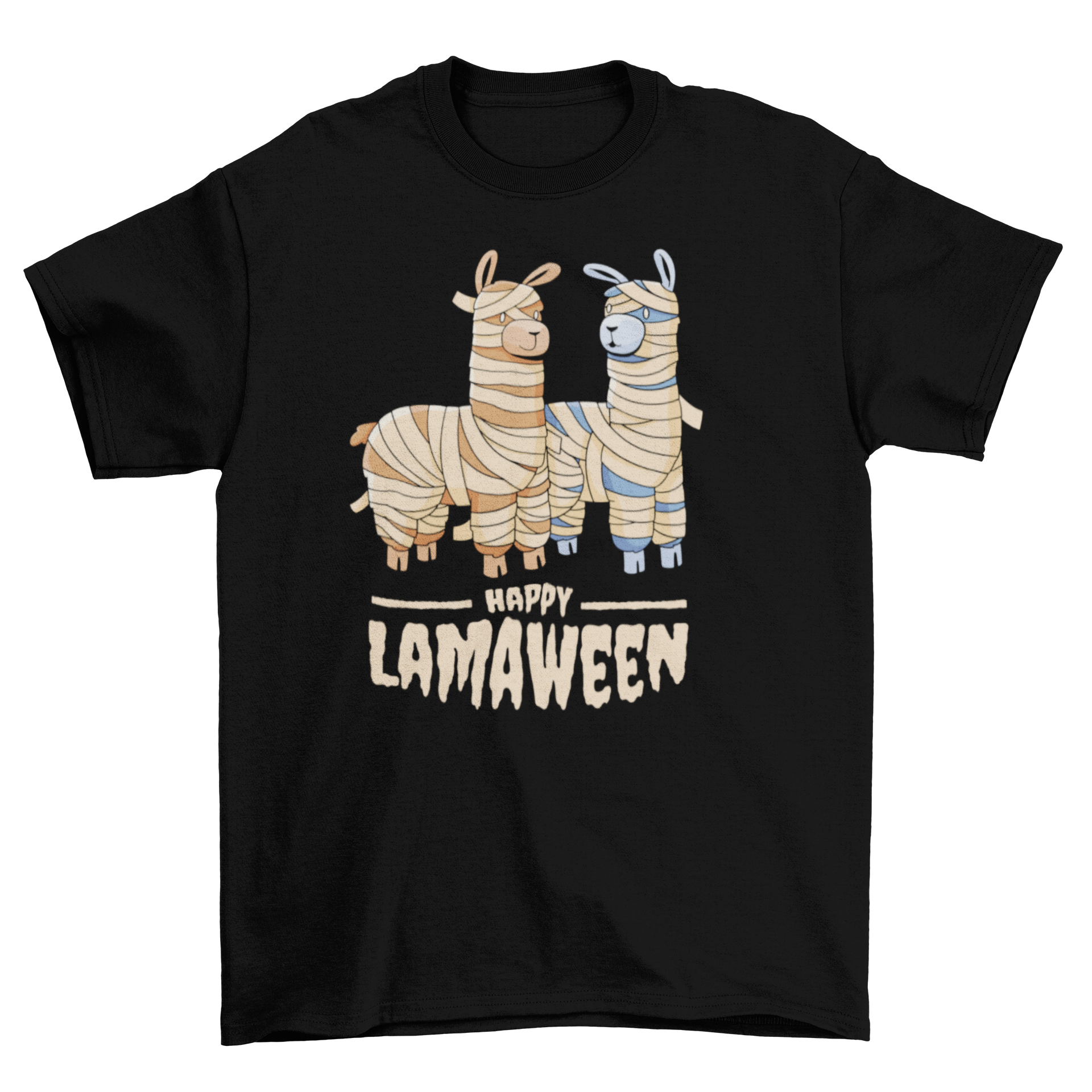 A colorful t-shirt featuring two cartoon mummy llamas with the quote 'Happy Lamaween' for Halloween.