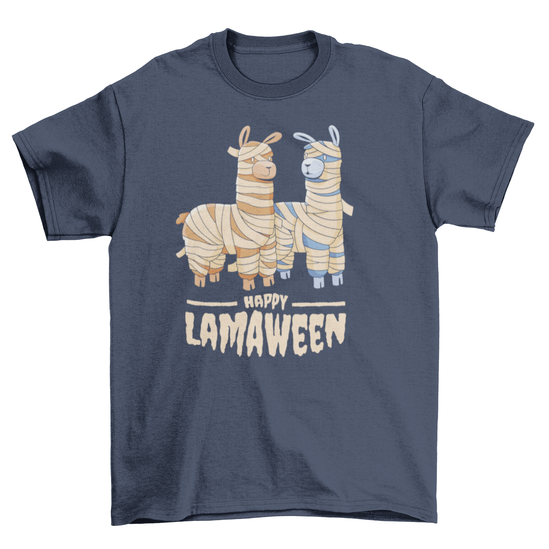 A colorful t-shirt featuring two cartoon mummy llamas with the quote 'Happy Lamaween' for Halloween.