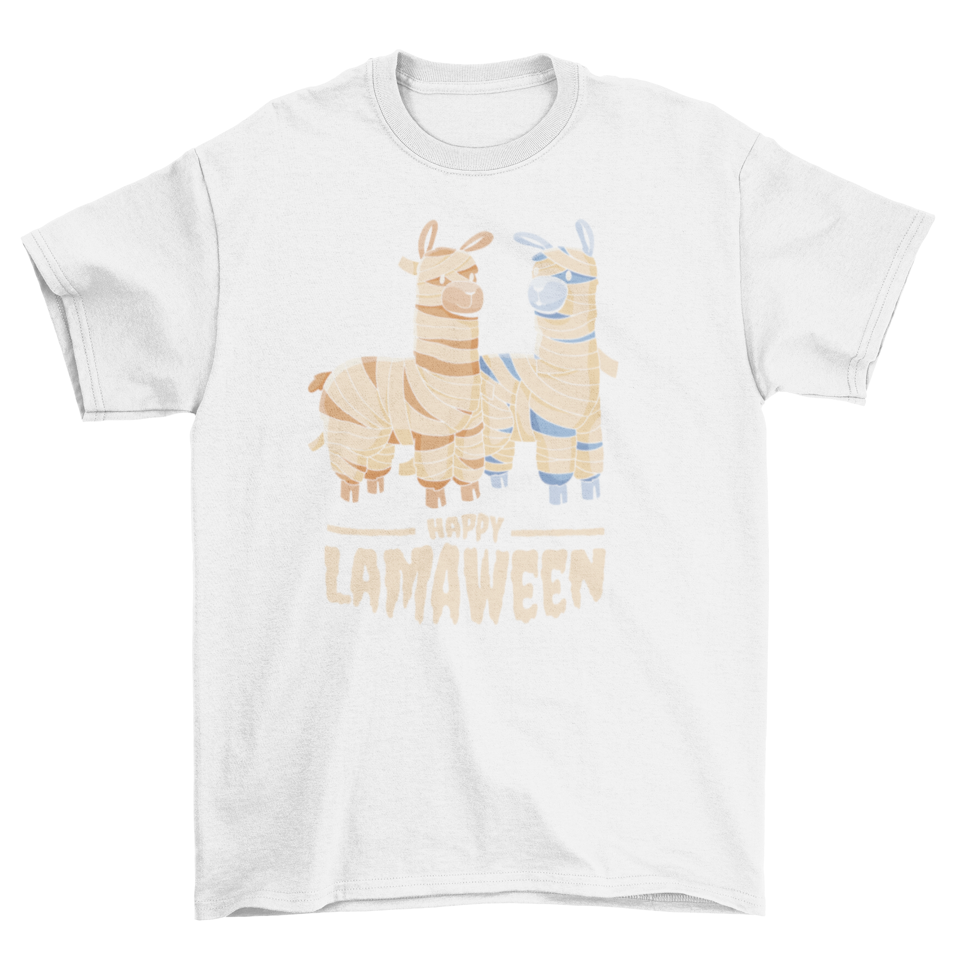 A colorful t-shirt featuring two cartoon mummy llamas with the quote 'Happy Lamaween' for Halloween.