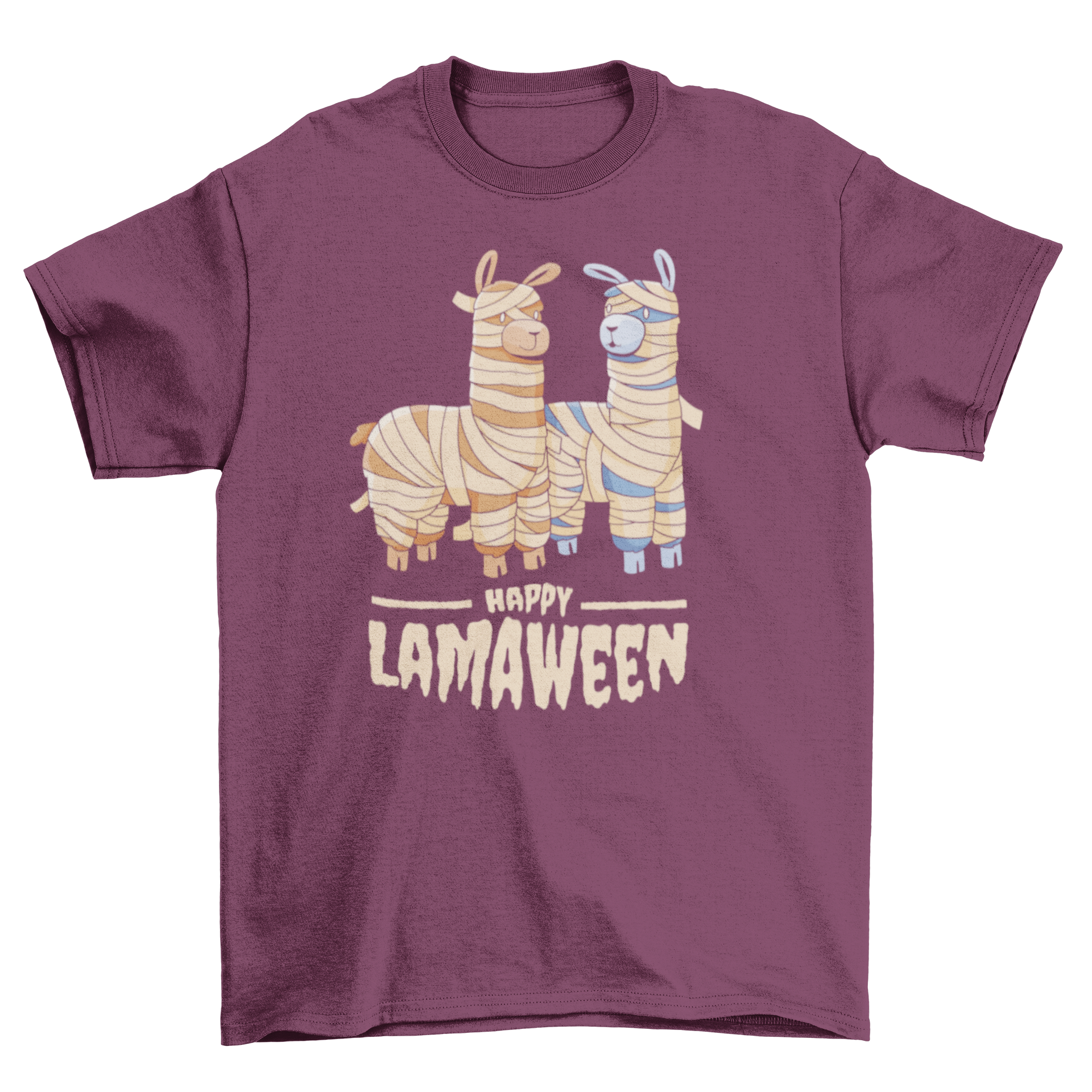 A colorful t-shirt featuring two cartoon mummy llamas with the quote 'Happy Lamaween' for Halloween.