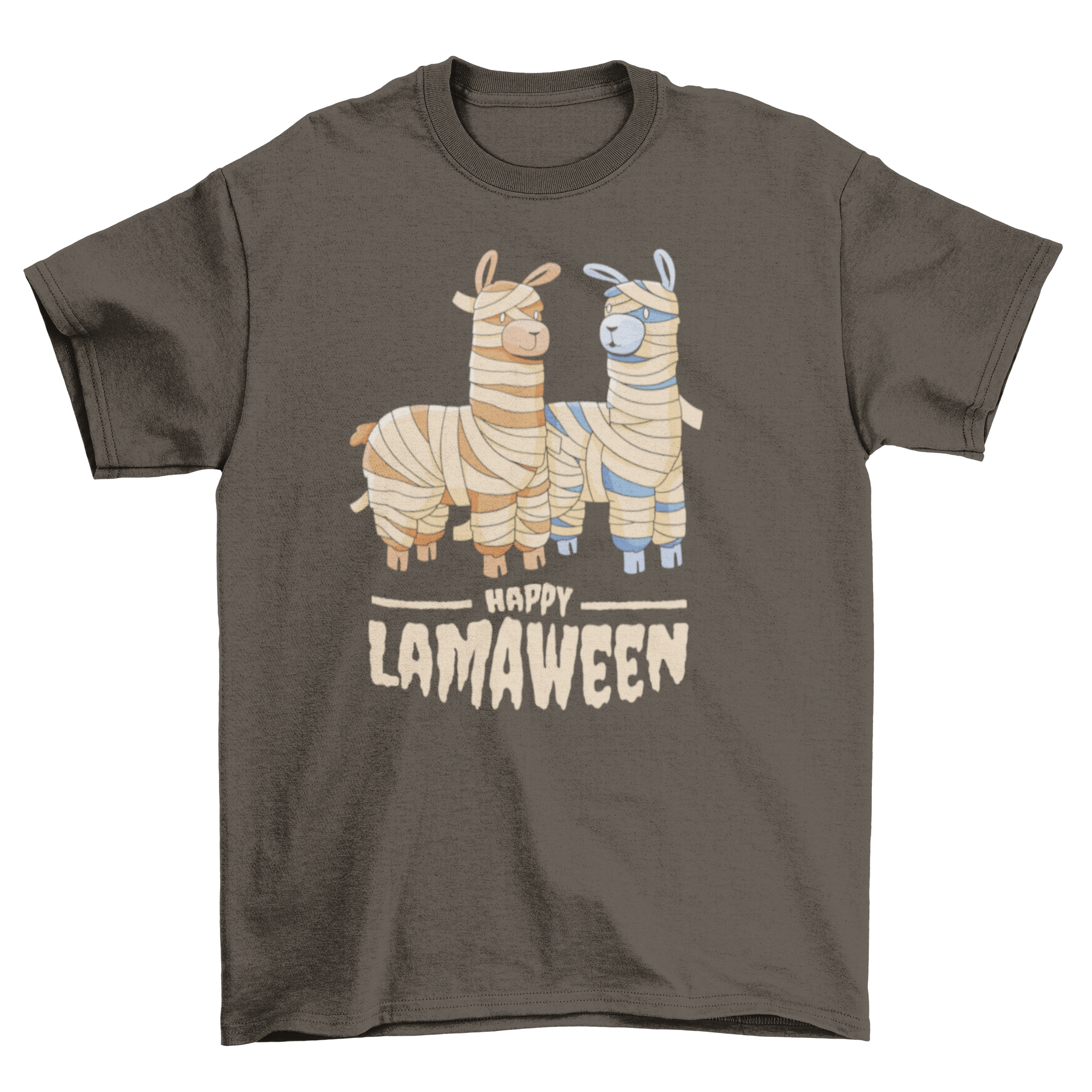 A colorful t-shirt featuring two cartoon mummy llamas with the quote 'Happy Lamaween' for Halloween.