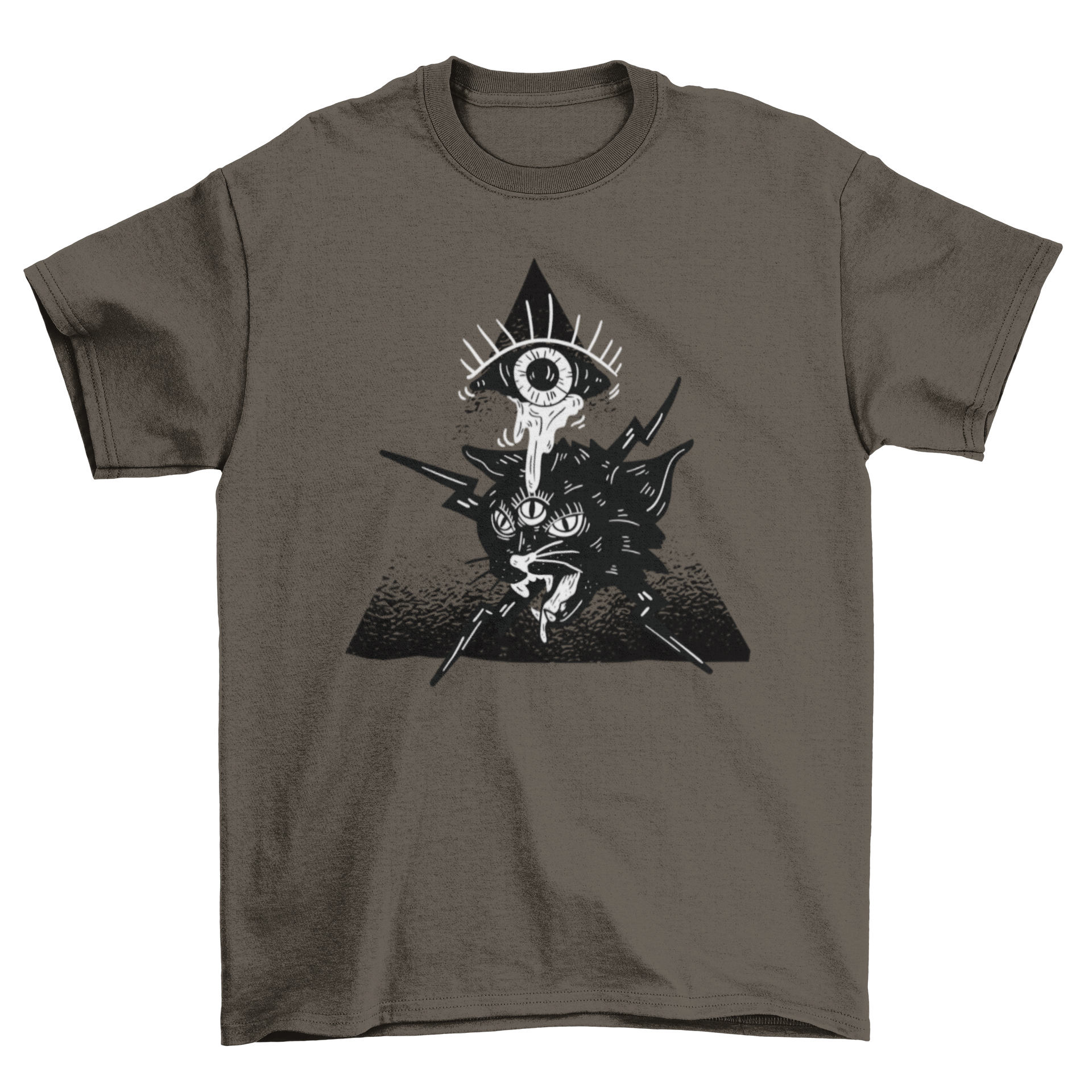 Halloween t-shirt featuring a creepy eye crying over an alien cat with three eyes and lightning bolts.