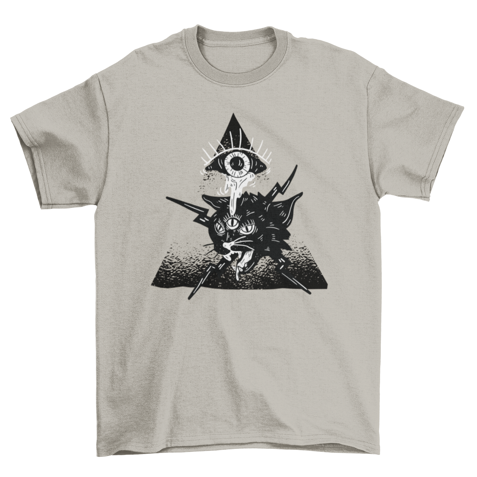 Halloween t-shirt featuring a creepy eye crying over an alien cat with three eyes and lightning bolts.