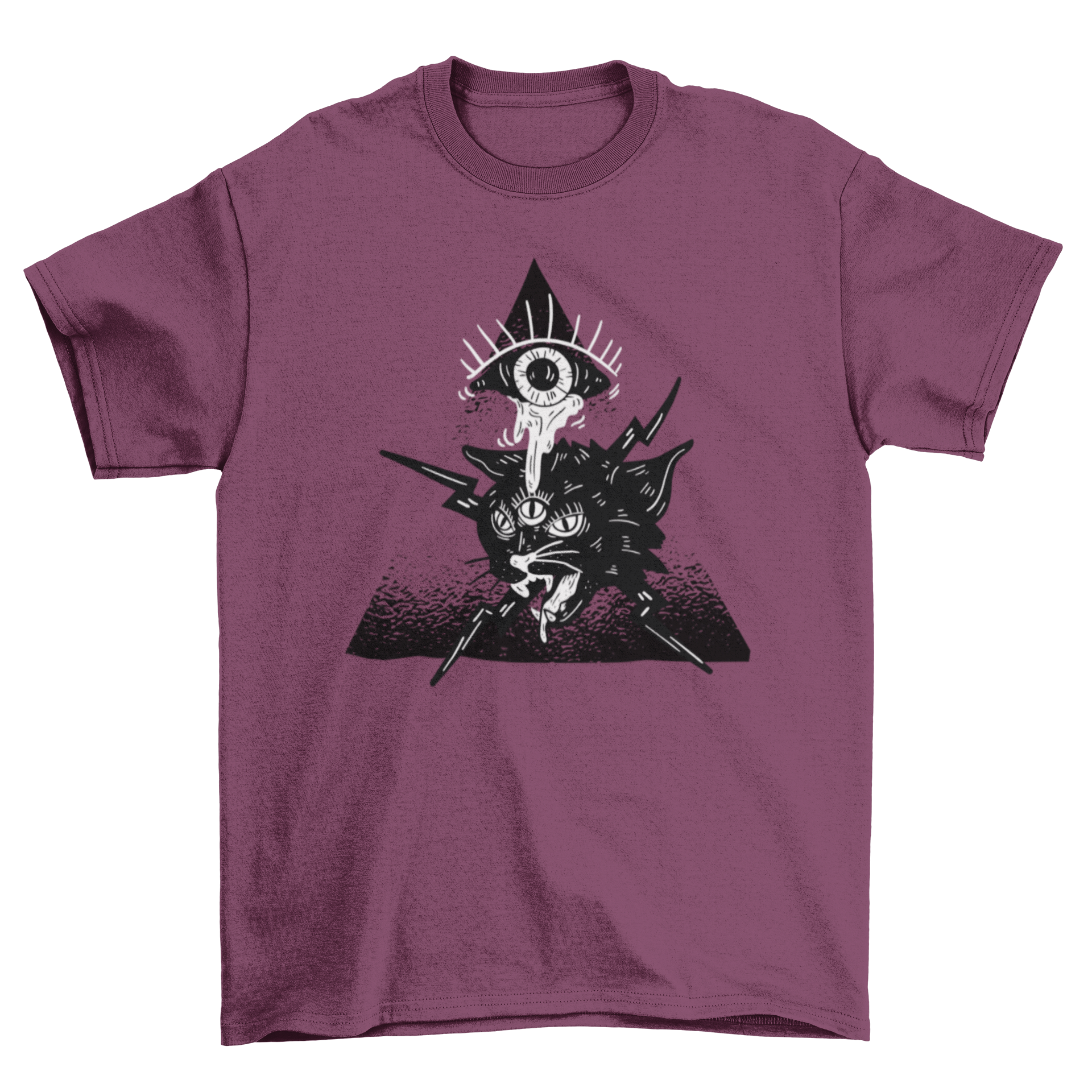 Halloween t-shirt featuring a creepy eye crying over an alien cat with three eyes and lightning bolts.