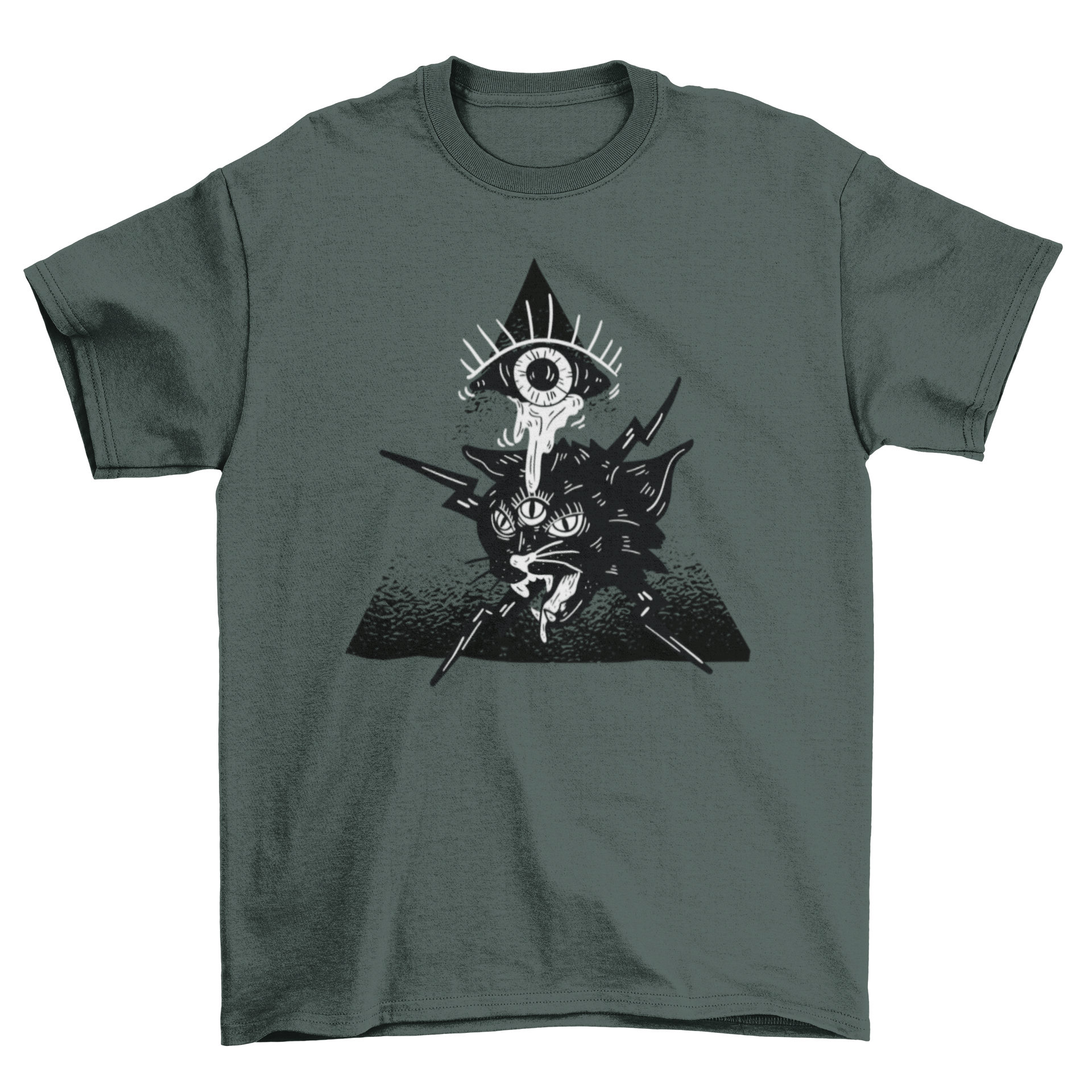 Halloween t-shirt featuring a creepy eye crying over an alien cat with three eyes and lightning bolts.