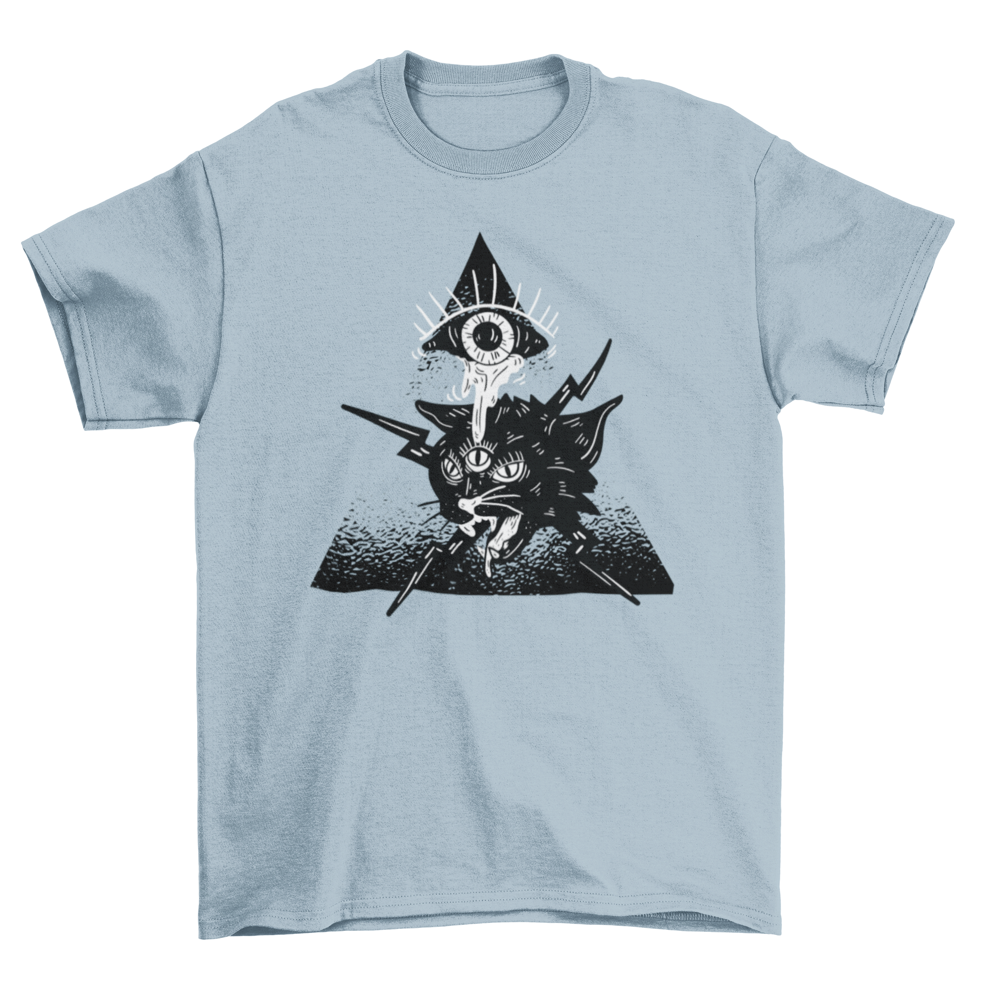Halloween t-shirt featuring a creepy eye crying over an alien cat with three eyes and lightning bolts.