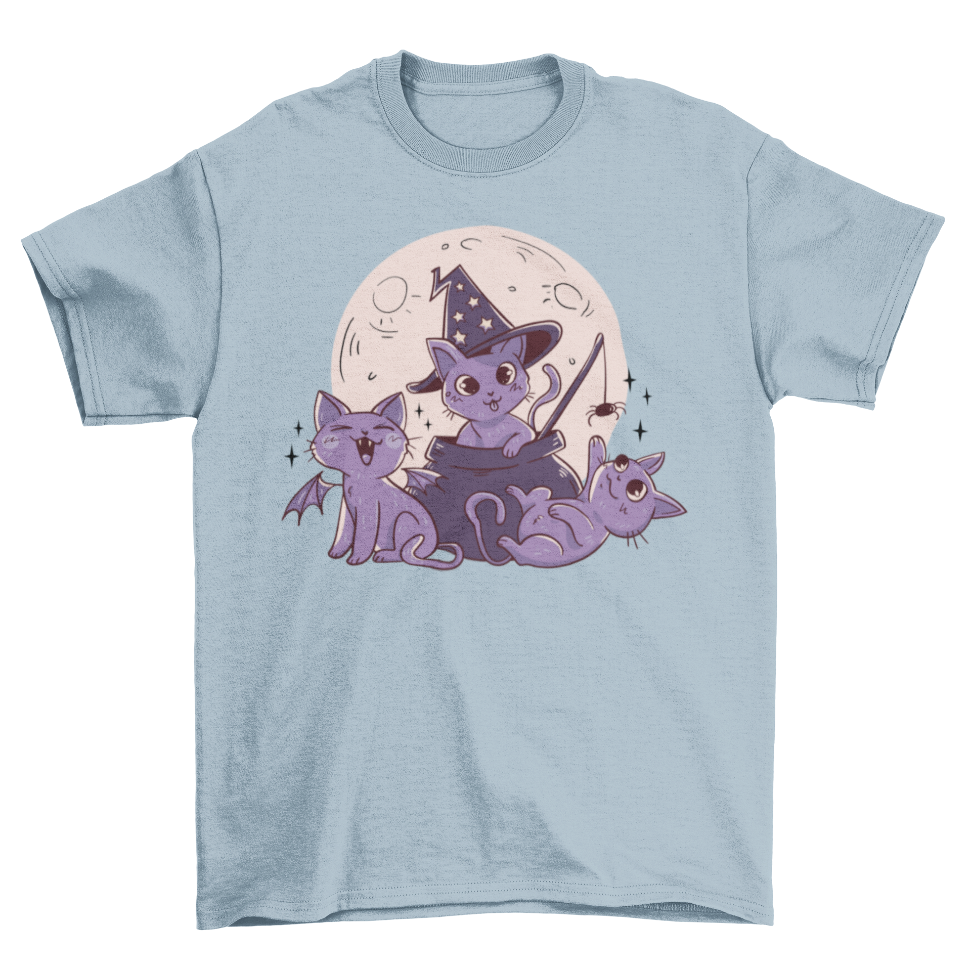 A cute t-shirt featuring playful cats in Halloween costumes with a full moon in the background, perfect for festive occasions.