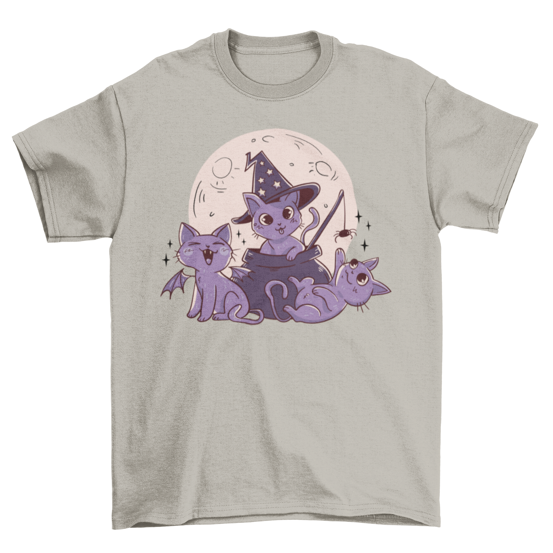 A cute t-shirt featuring playful cats in Halloween costumes with a full moon in the background, perfect for festive occasions.