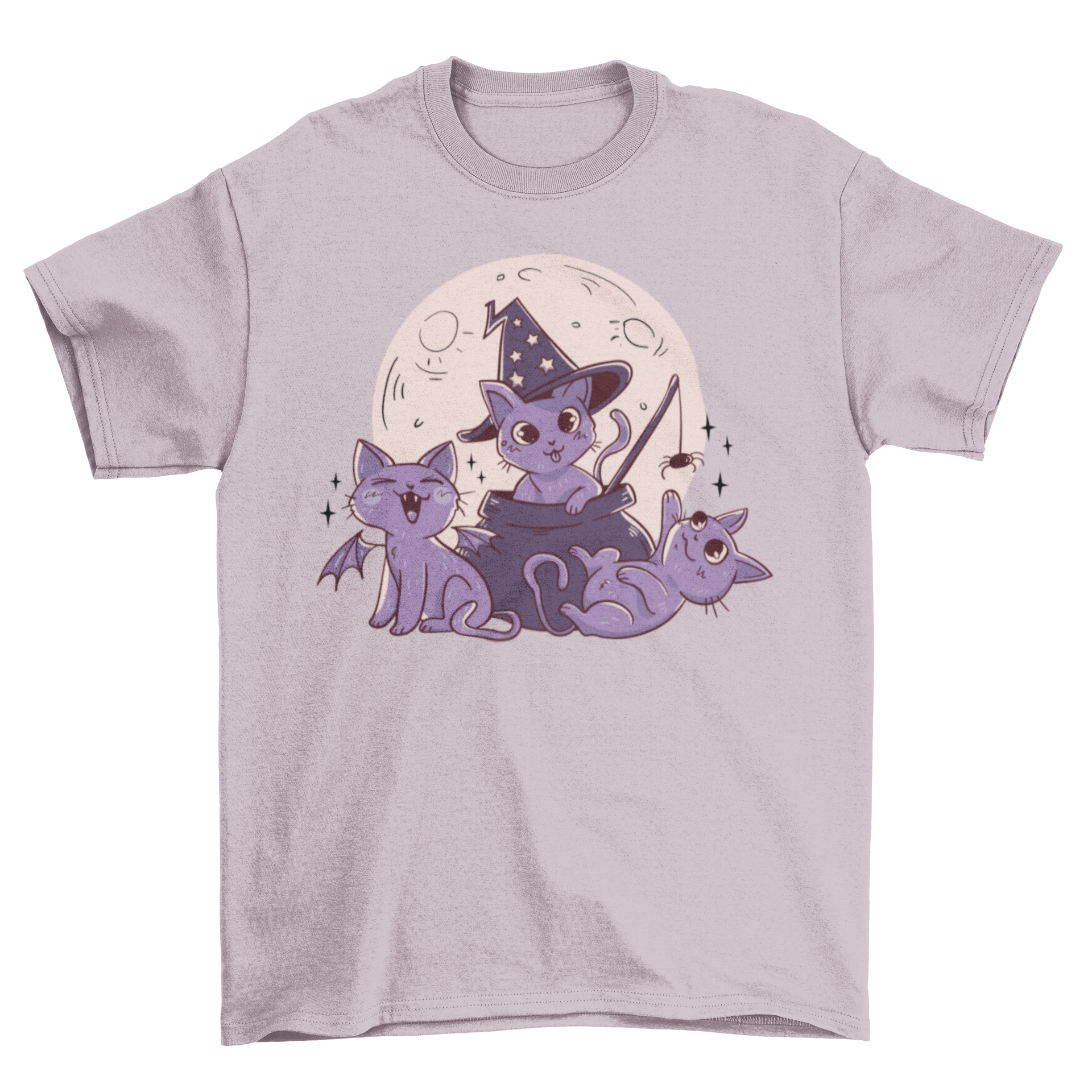 A cute t-shirt featuring playful cats in Halloween costumes with a full moon in the background, perfect for festive occasions.