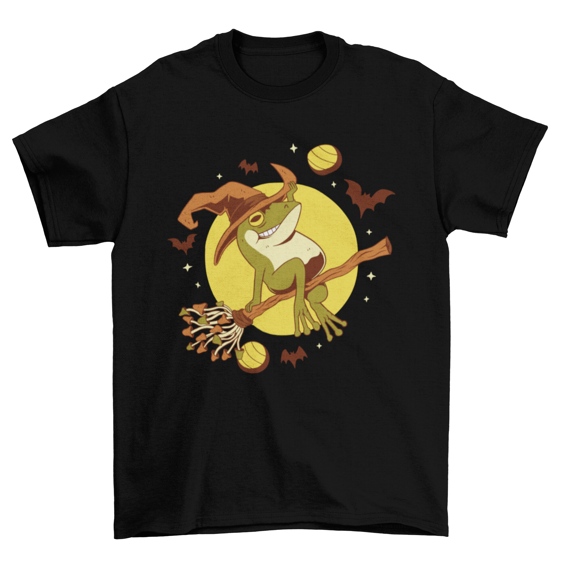 A whimsical Halloween t-shirt featuring a frog flying on a broomstick, perfect for festive celebrations.