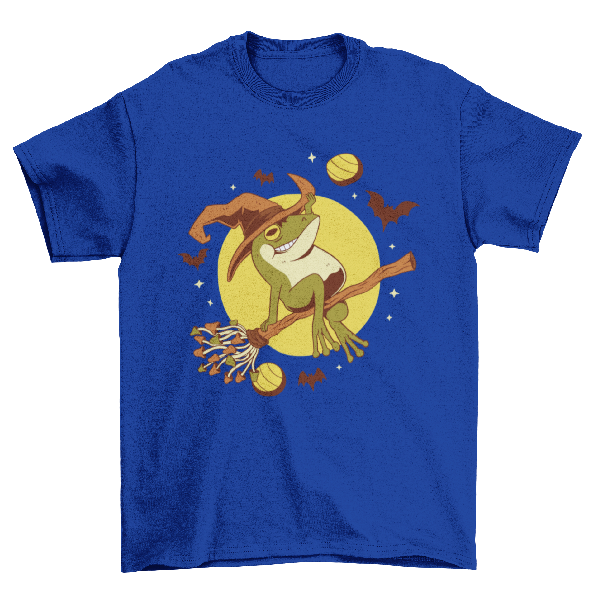 A whimsical Halloween t-shirt featuring a frog flying on a broomstick, perfect for festive celebrations.