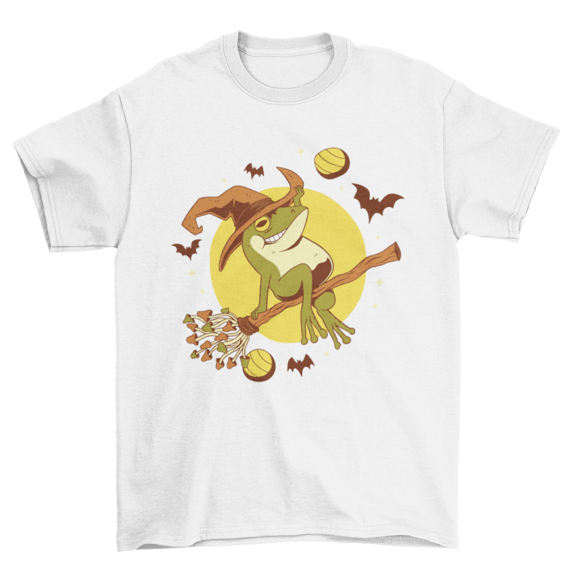 A whimsical Halloween t-shirt featuring a frog flying on a broomstick, perfect for festive celebrations.