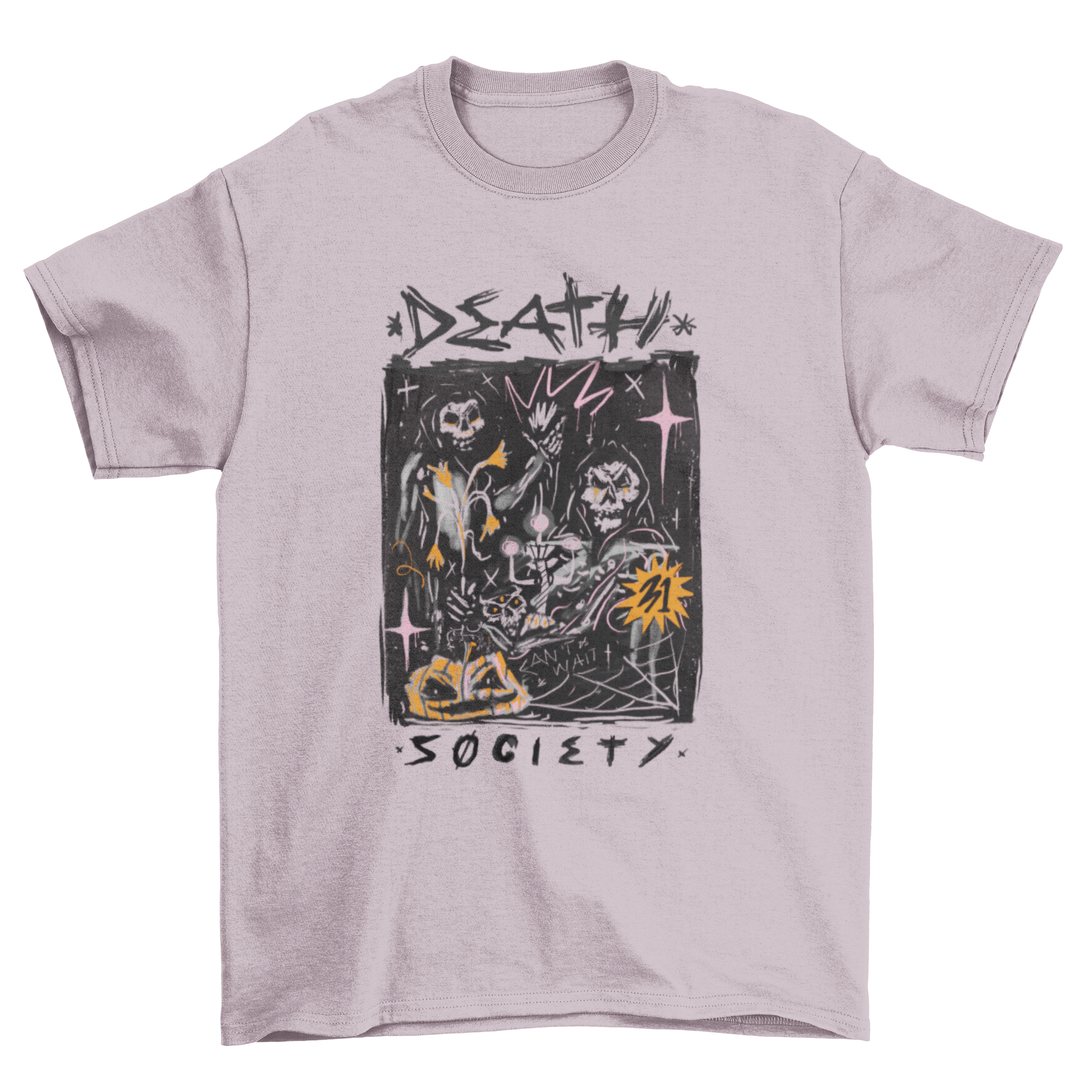 Halloween Grim Reaper doodle t-shirt featuring a playful design and the quote 'Death day baby'.