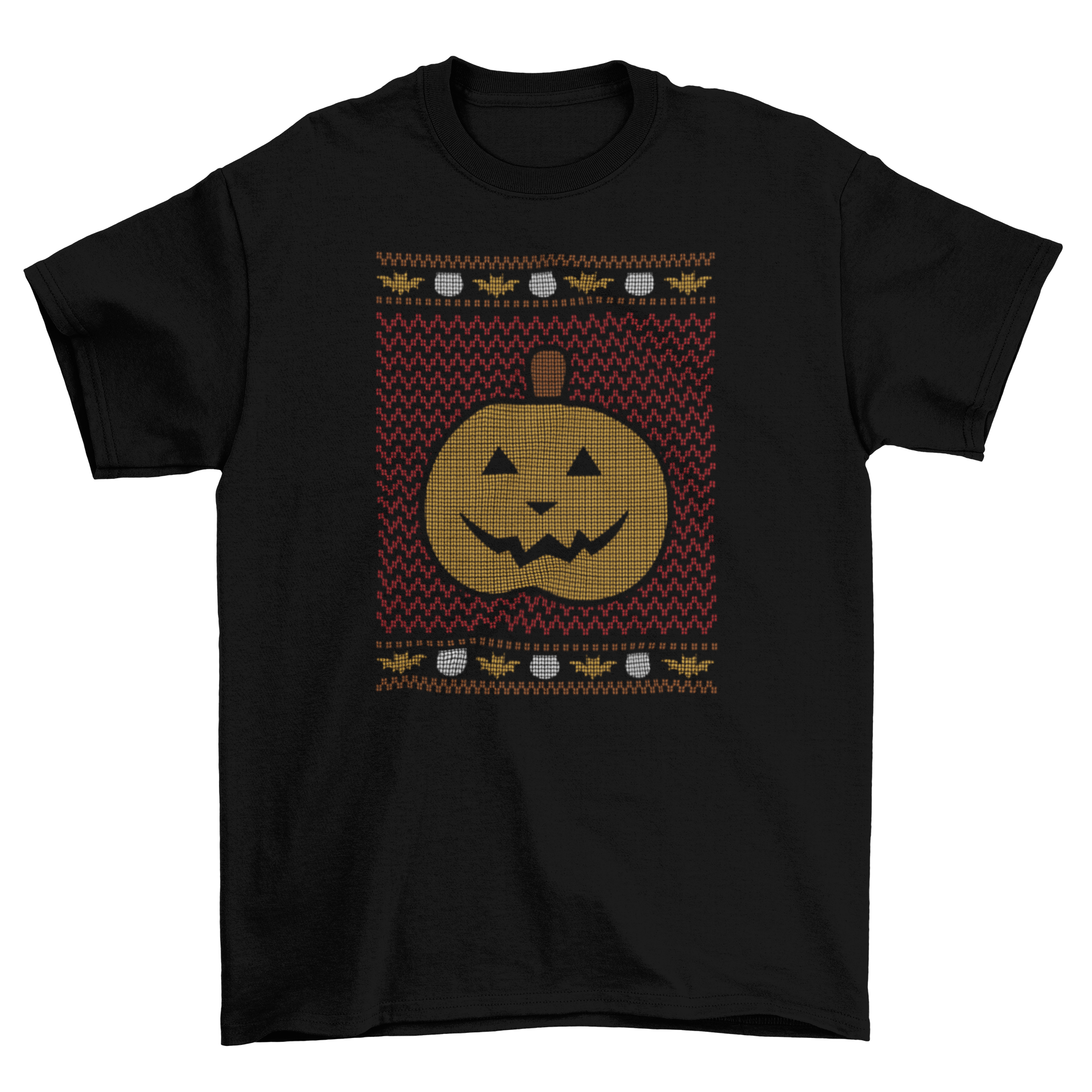 A vibrant Halloween t-shirt featuring a Jack O' Lantern design with a bat pattern, perfect for festive celebrations.