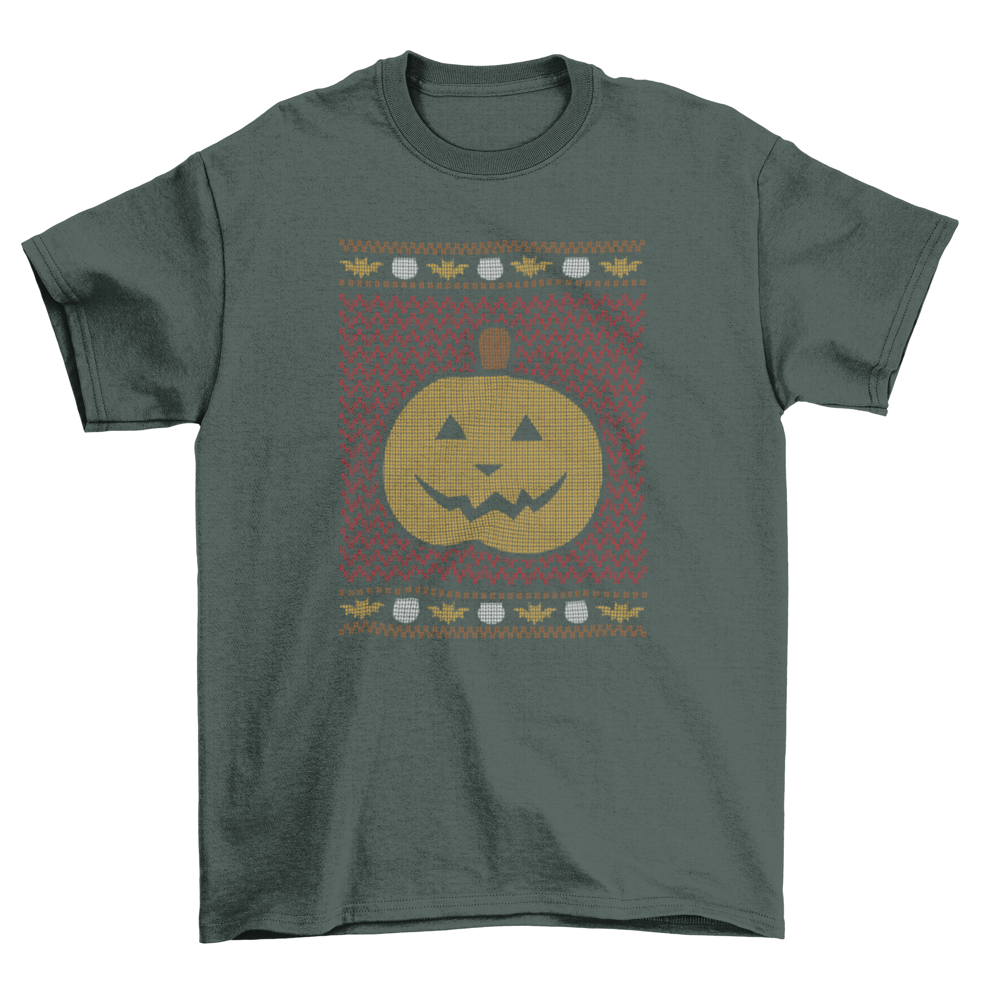 A vibrant Halloween t-shirt featuring a Jack O' Lantern design with a bat pattern, perfect for festive celebrations.