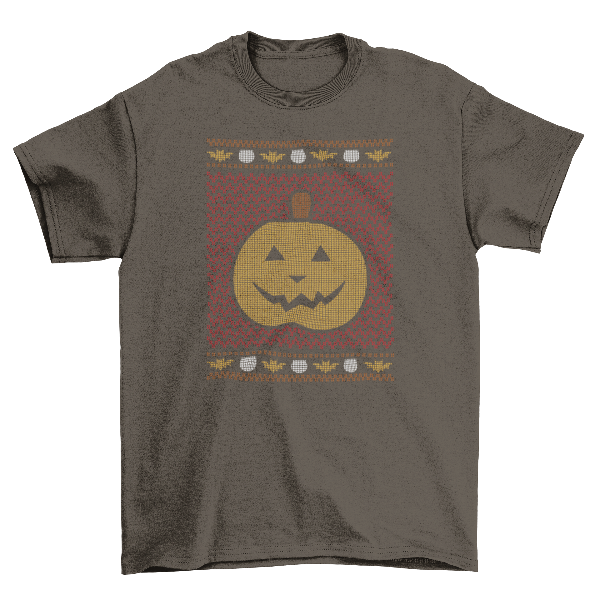 A vibrant Halloween t-shirt featuring a Jack O' Lantern design with a bat pattern, perfect for festive celebrations.