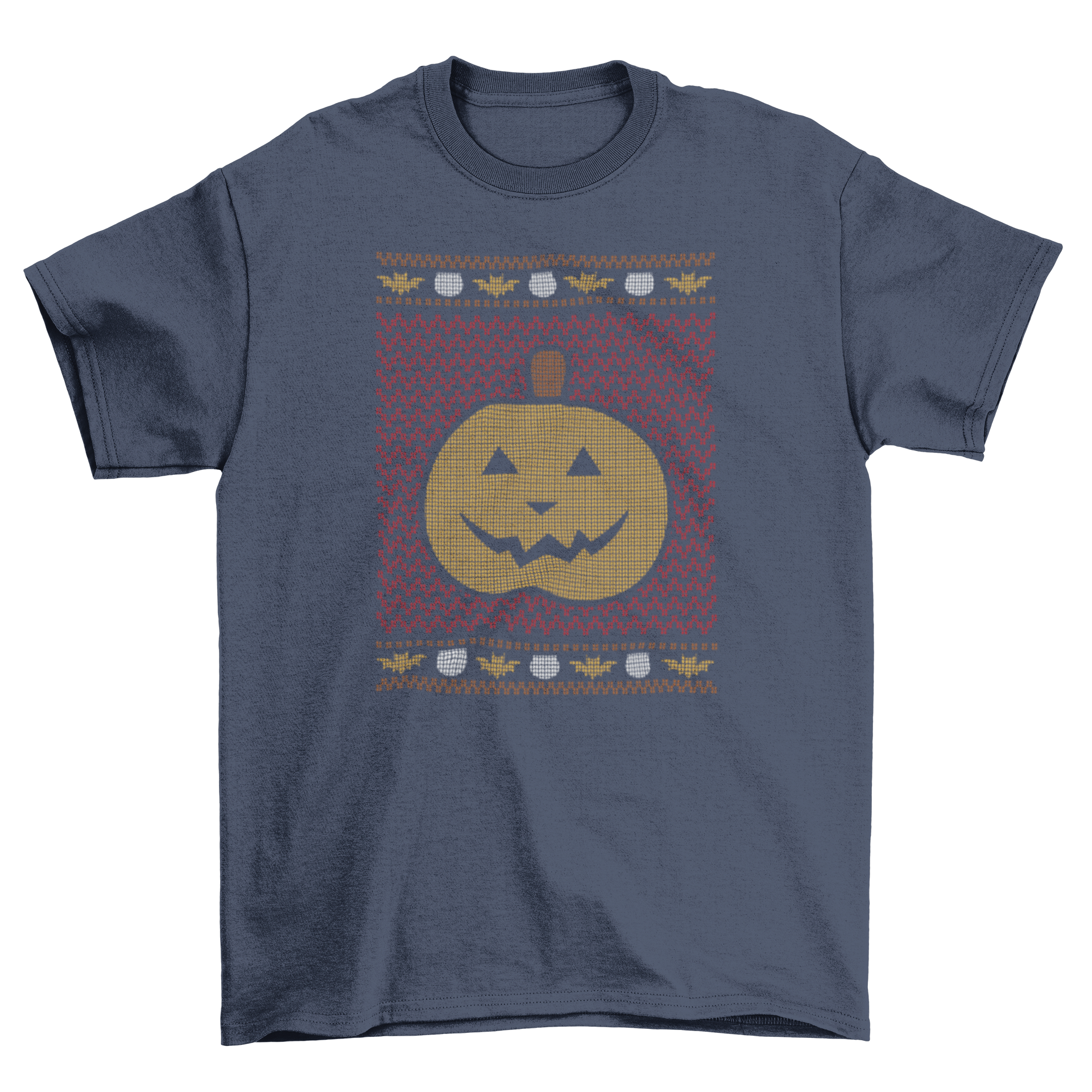 A vibrant Halloween t-shirt featuring a Jack O' Lantern design with a bat pattern, perfect for festive celebrations.